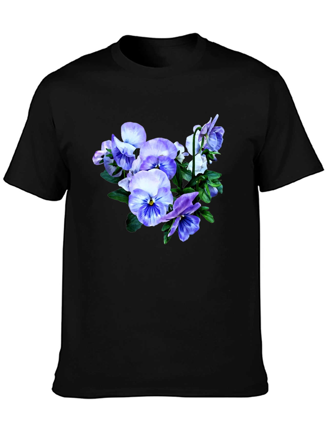 Floral T-Shirt with Pansies Black Cotton Tee