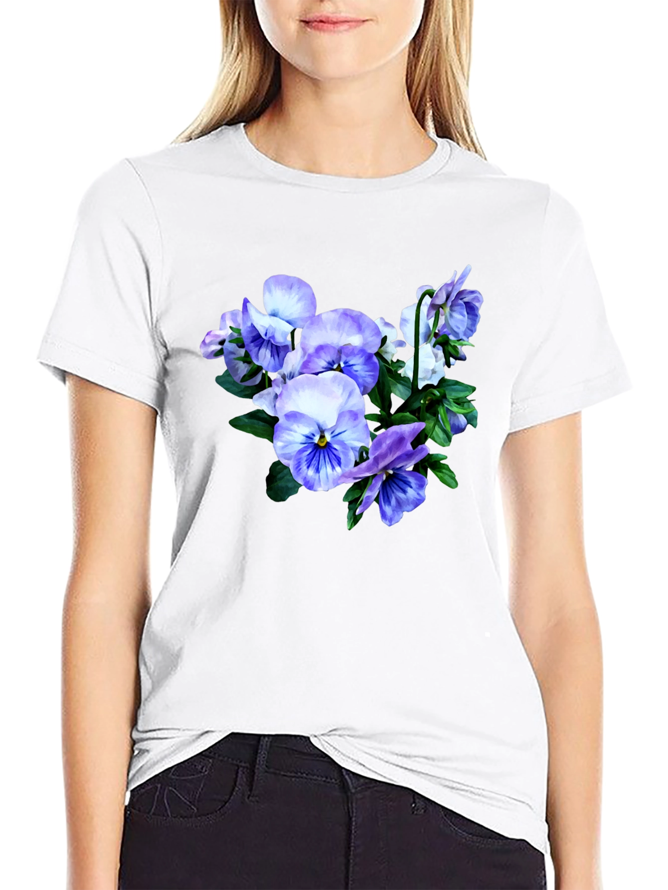 Floral T-Shirt with Pansies Black Cotton Tee