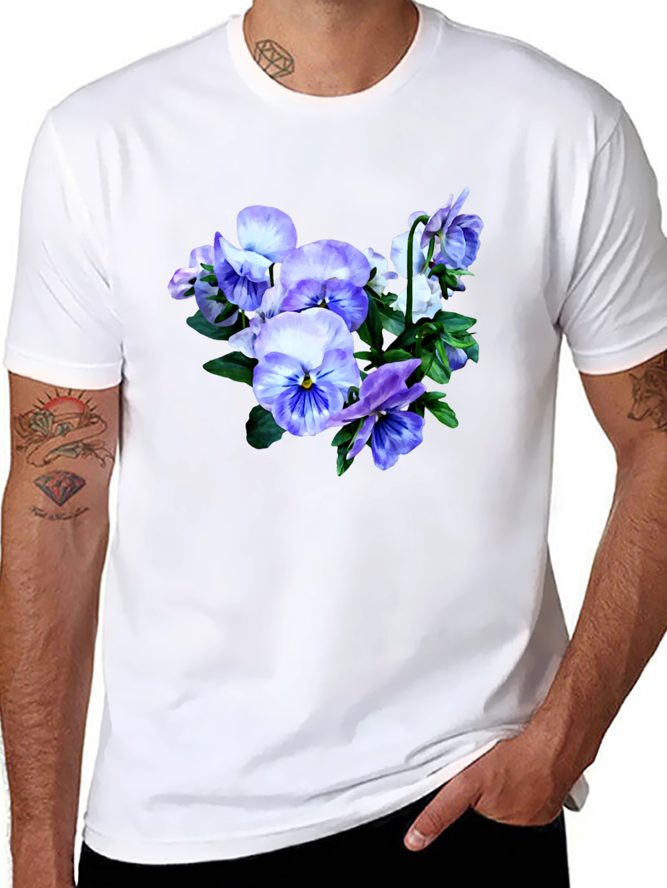 Floral T-Shirt with Pansies Black Cotton Tee