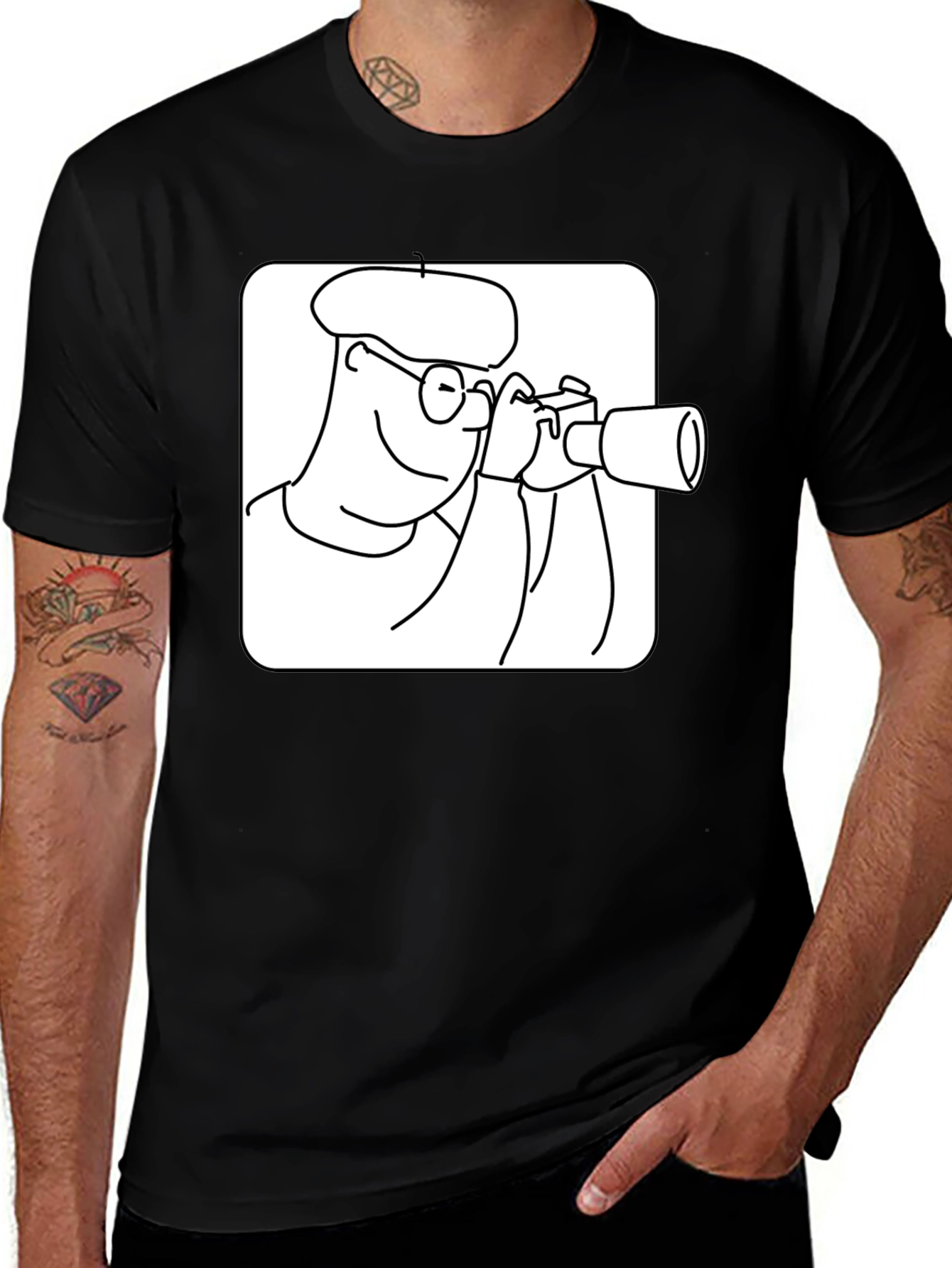 Black T-Shirt with Cartoon Photographer Design