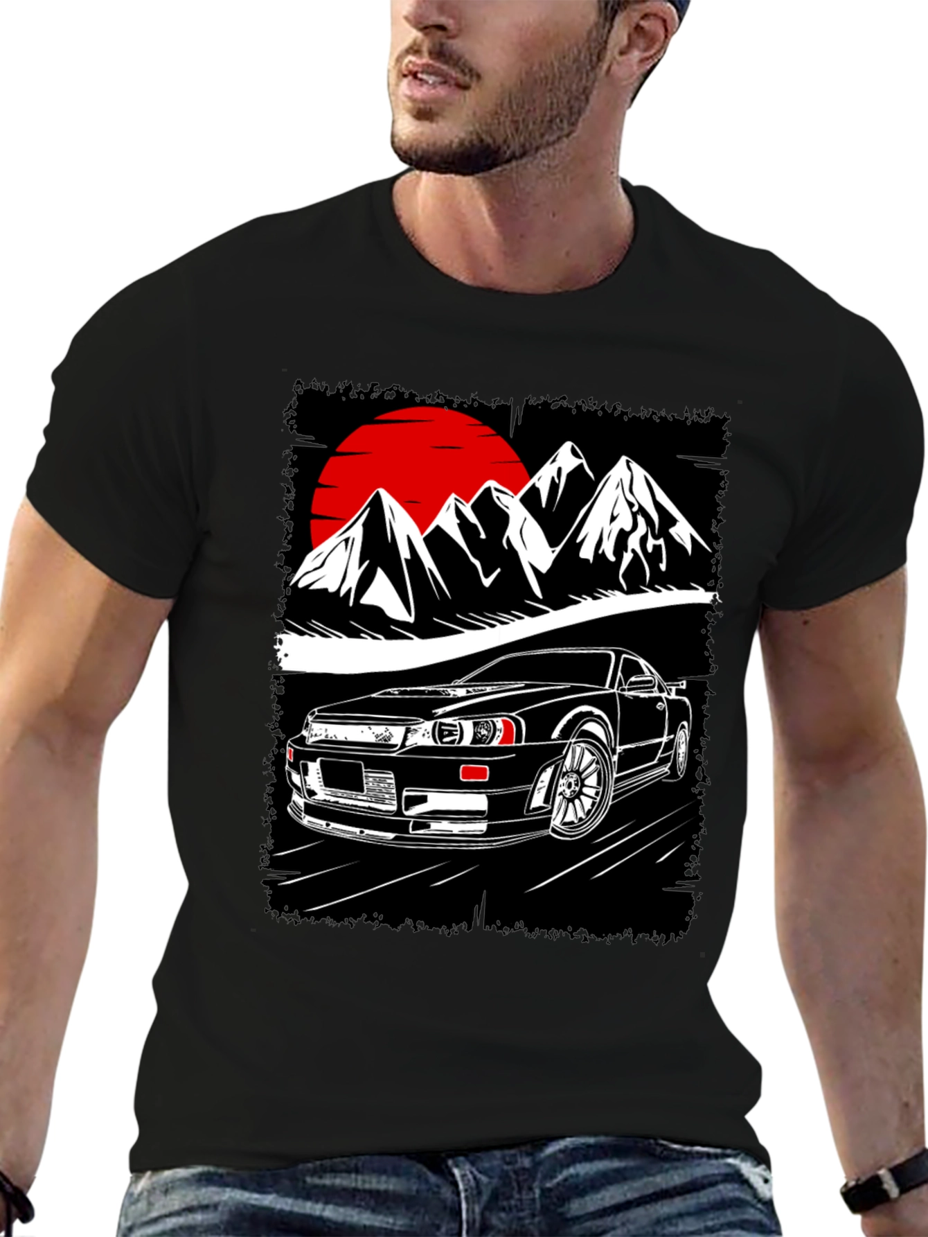 Car & Mountain Graphic Tee - Black Cotton T-Shirt