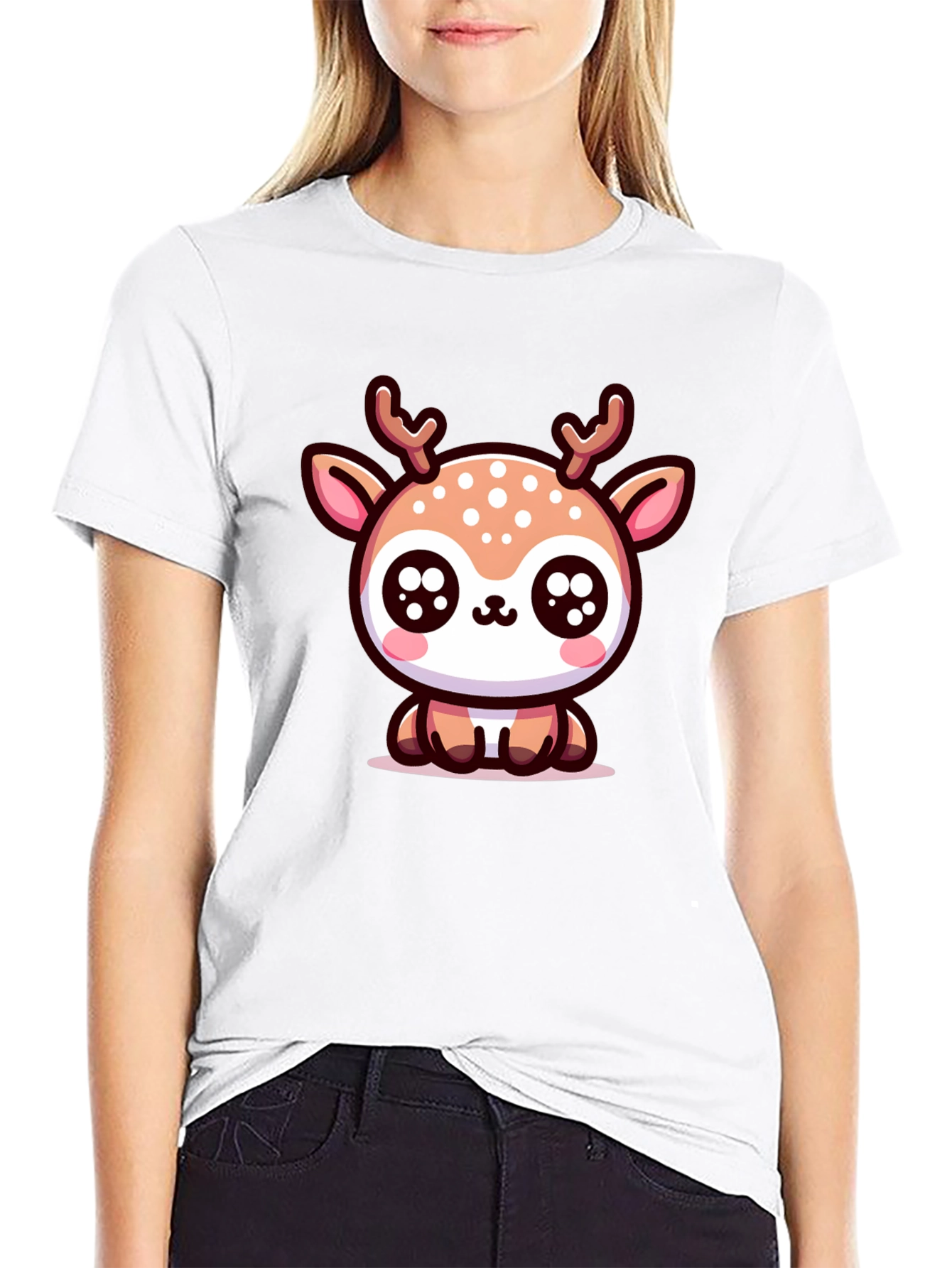 Cute Deer Graphic Tee - Black Cotton Blend