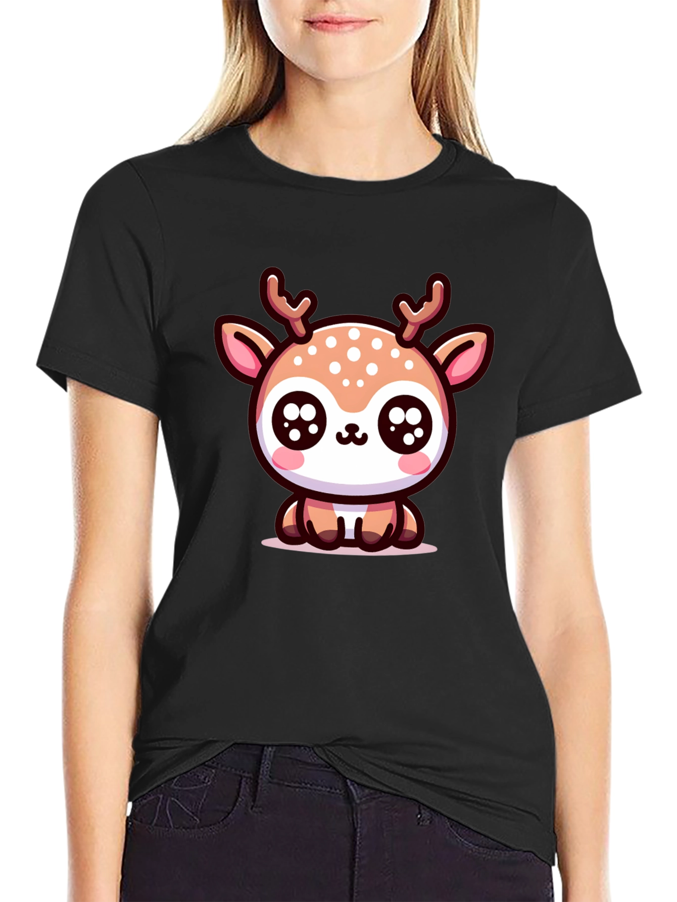 Cute Deer Graphic Tee - Black Cotton Blend