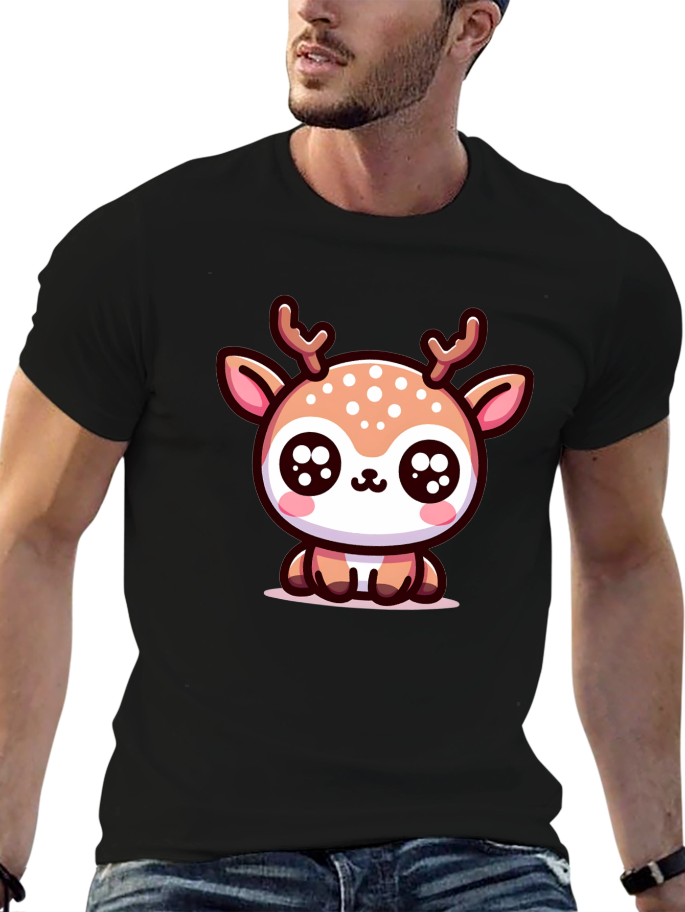 Cute Deer Graphic Tee - Black Cotton Blend