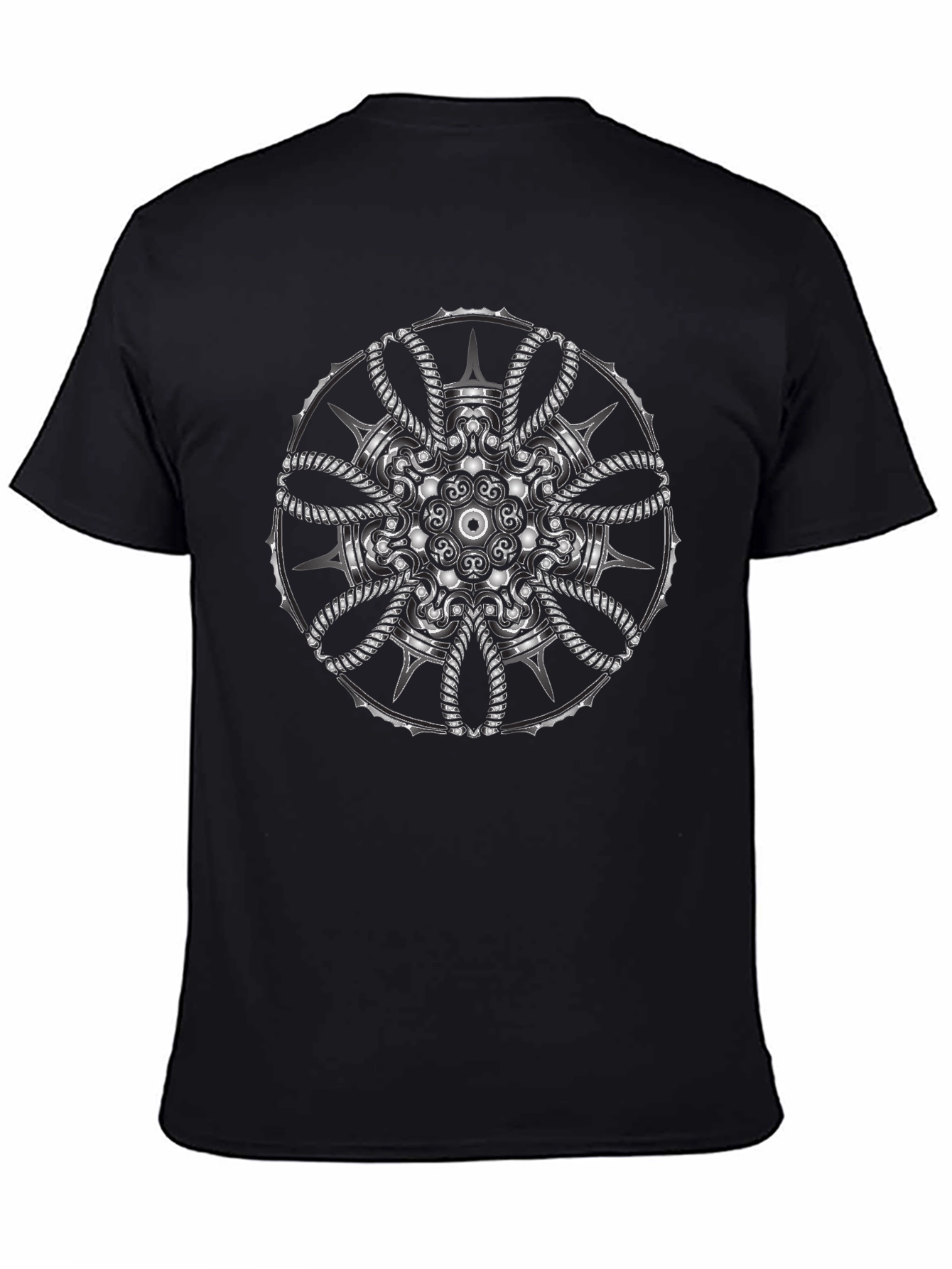 Mens Black T-Shirt with Intricate Silver Mandala Design