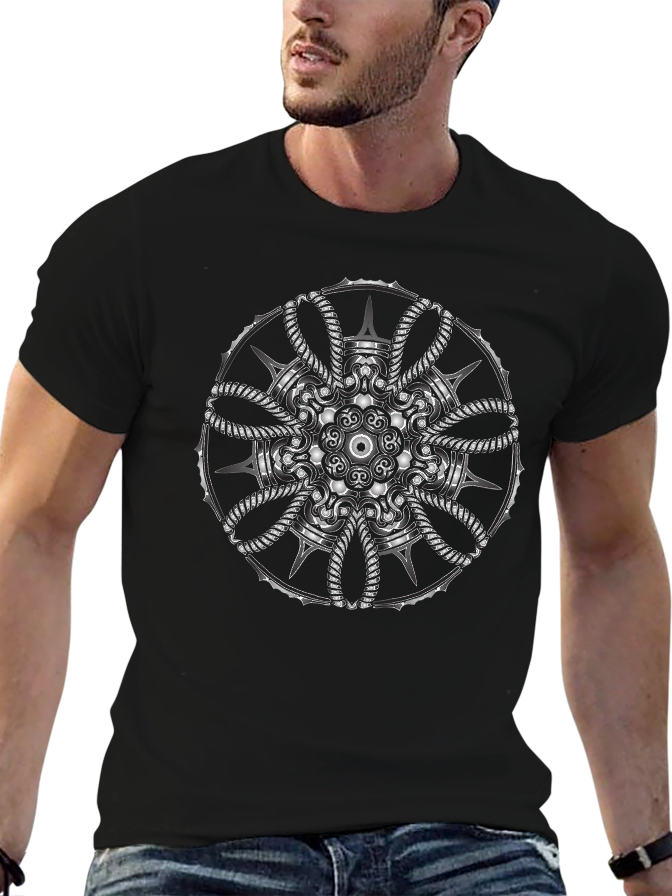 Mens Black T-Shirt with Intricate Silver Mandala Design