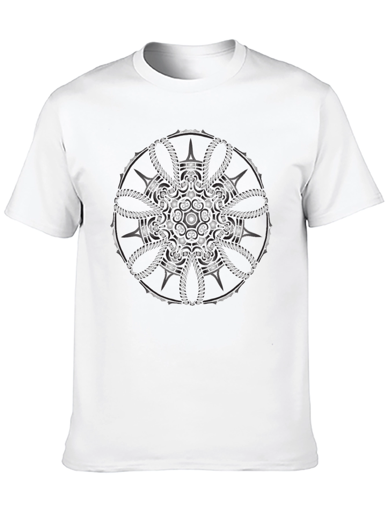 Mens Black T-Shirt with Intricate Silver Mandala Design
