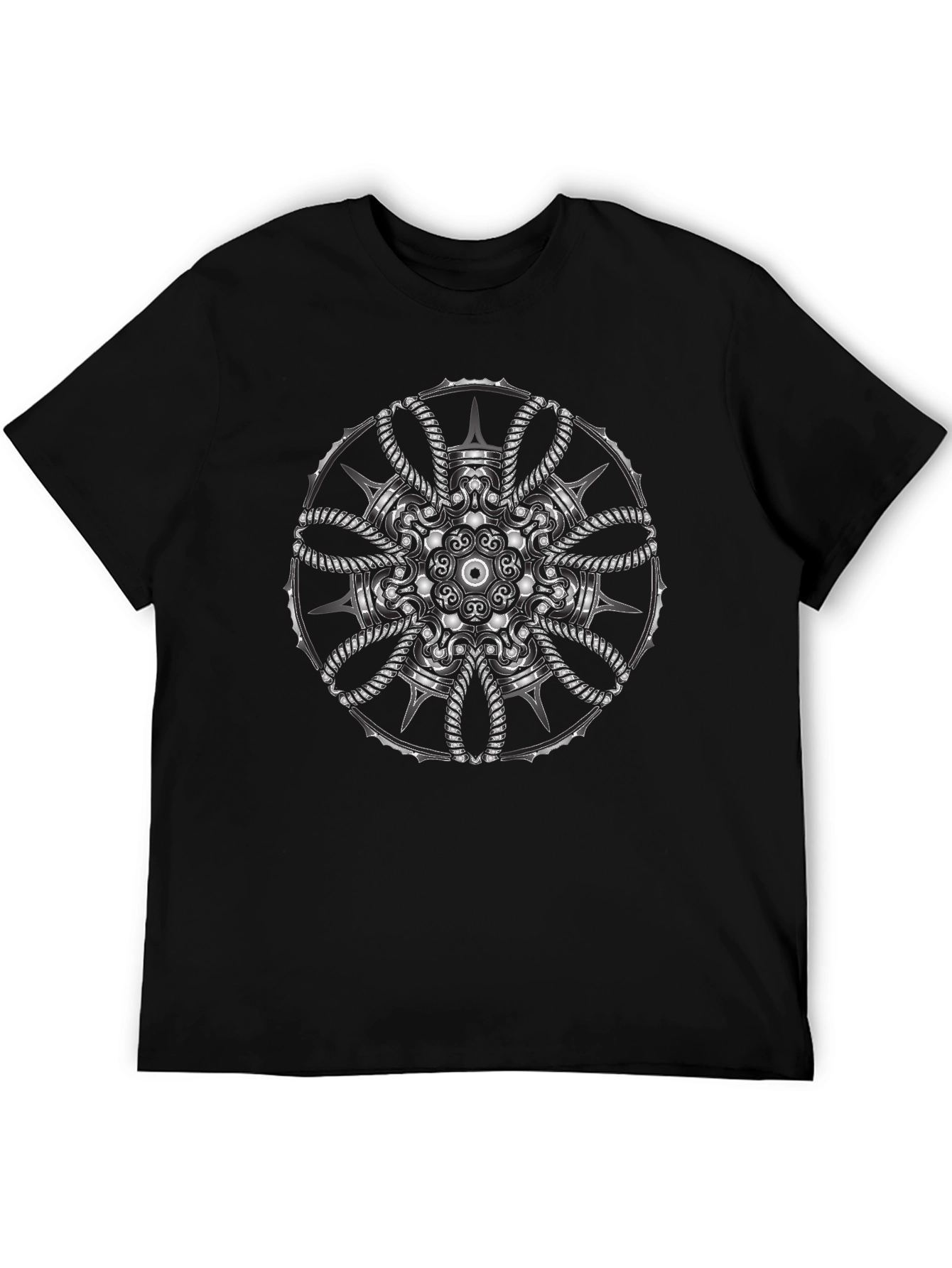 Mens Black T-Shirt with Intricate Silver Mandala Design