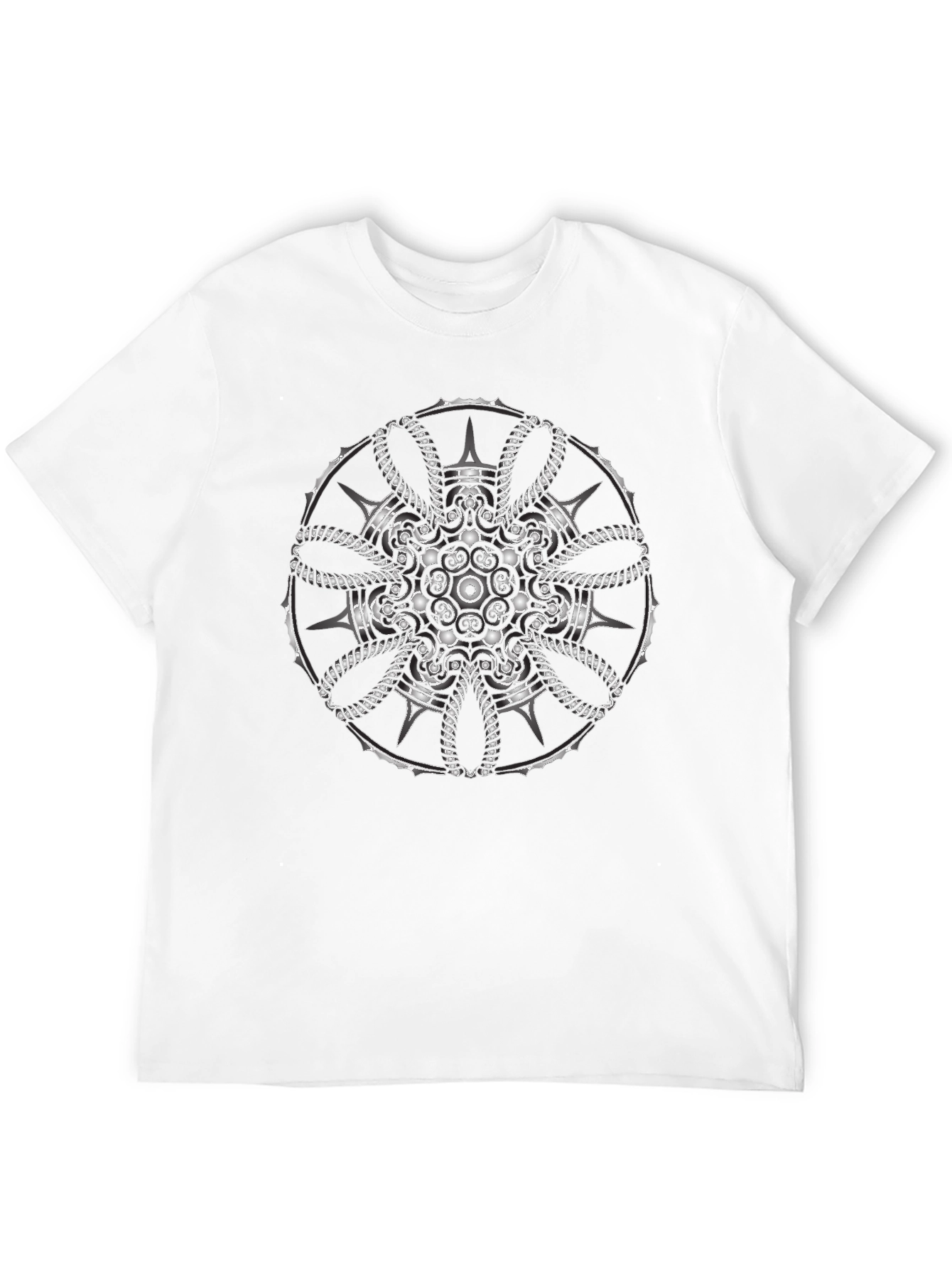 Mens Black T-Shirt with Intricate Silver Mandala Design