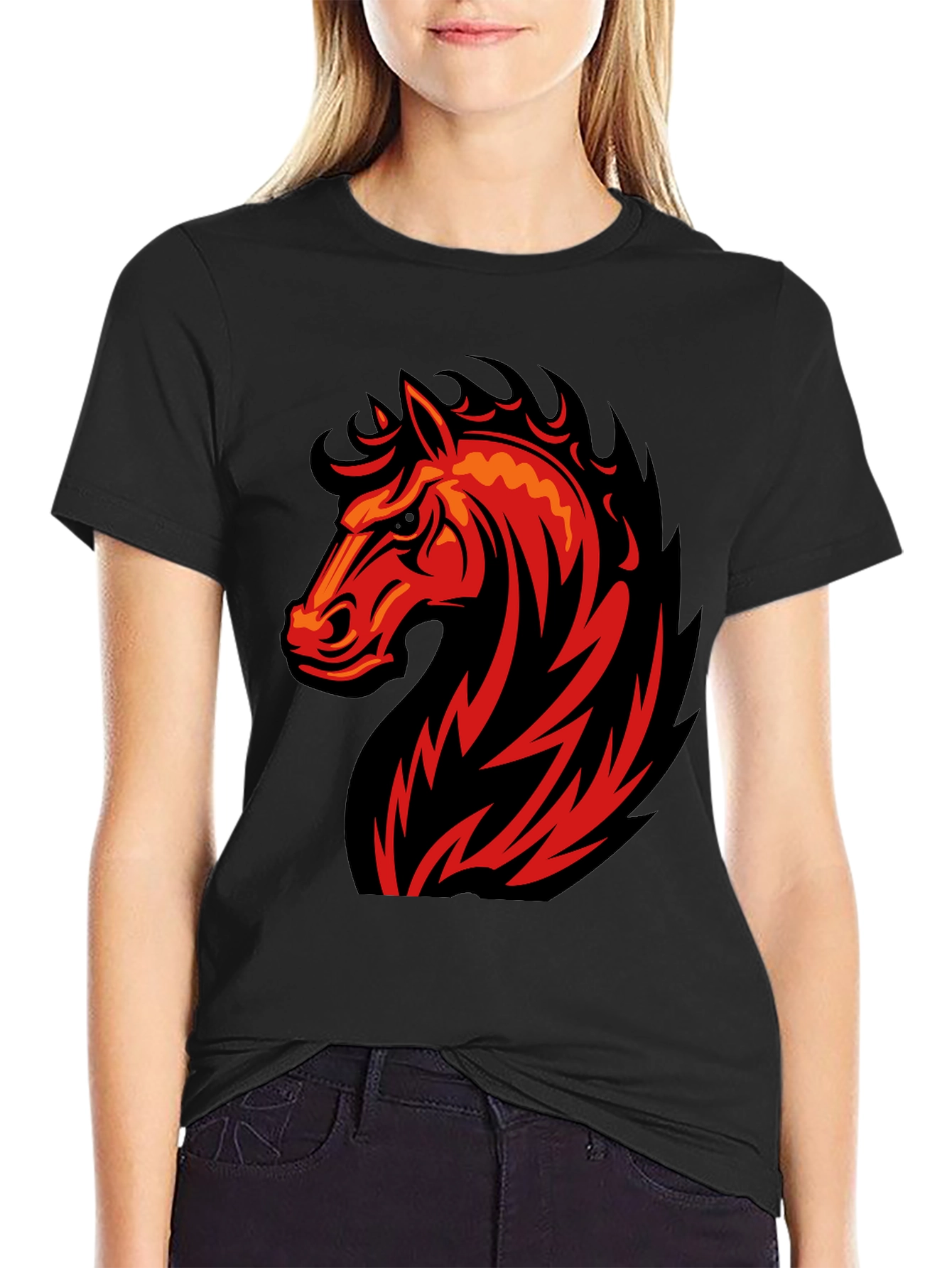 Black T-Shirt with Fiery Horse Graphic