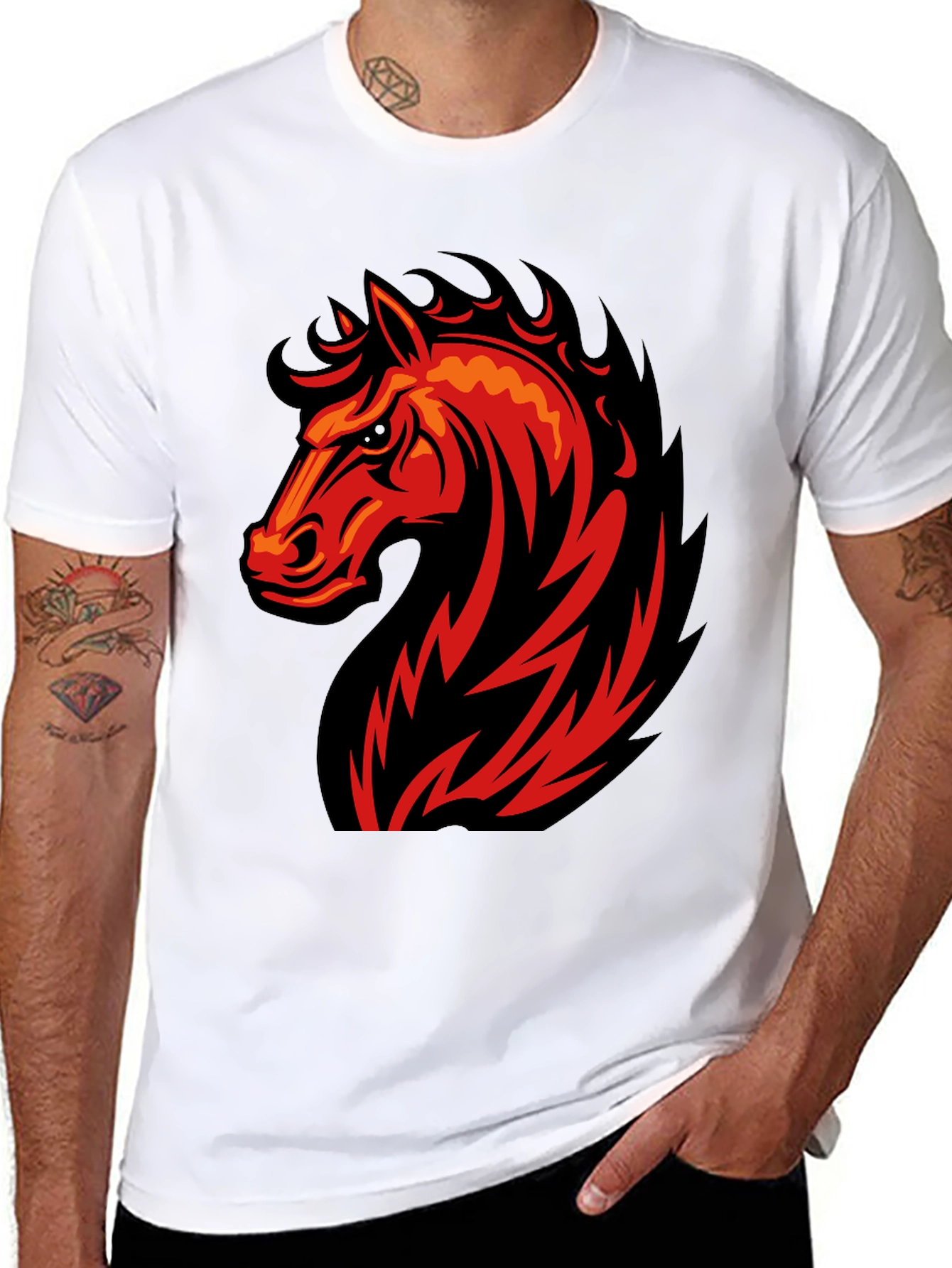 Black T-Shirt with Fiery Horse Graphic