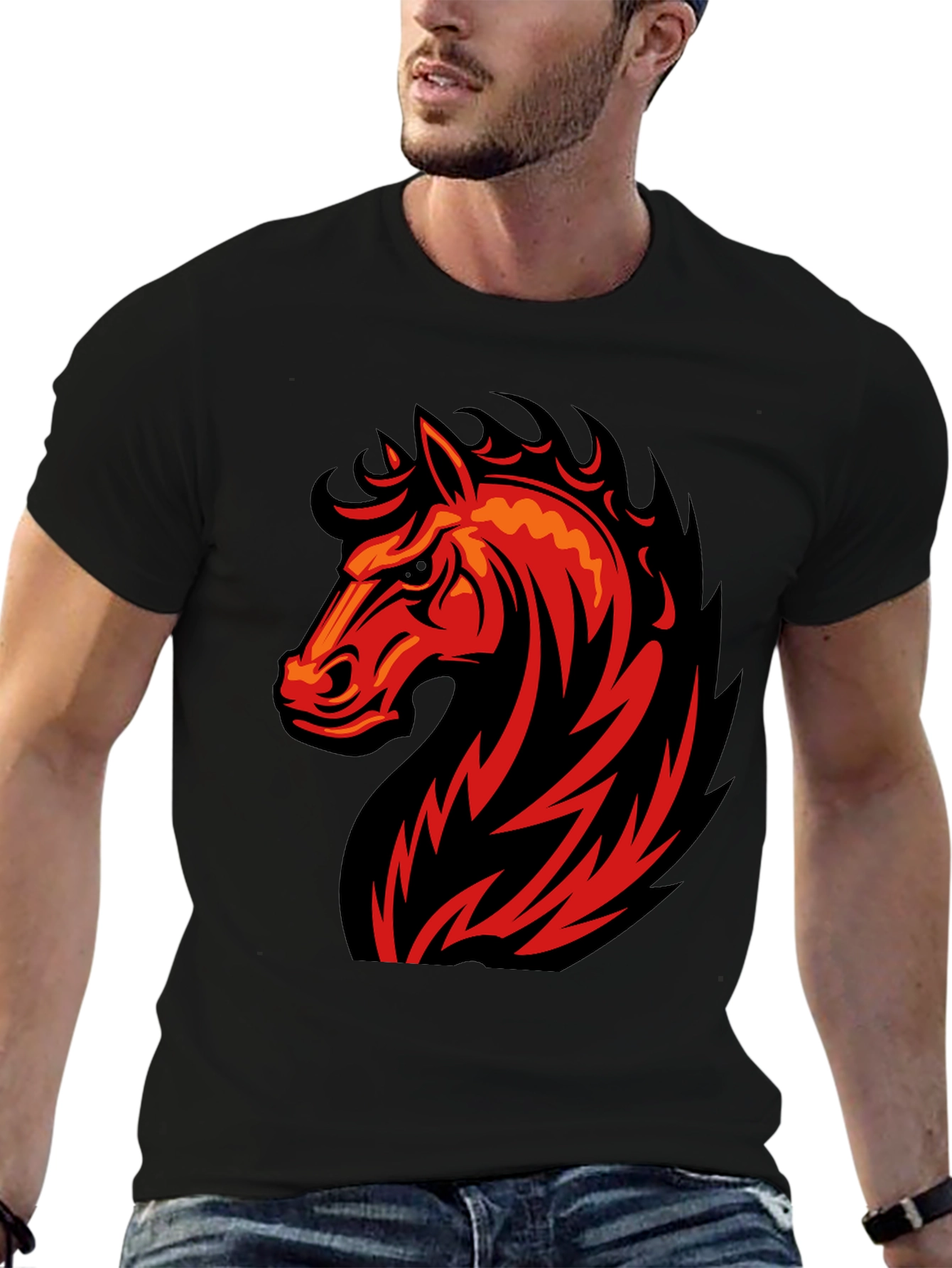 Black T-Shirt with Fiery Horse Graphic