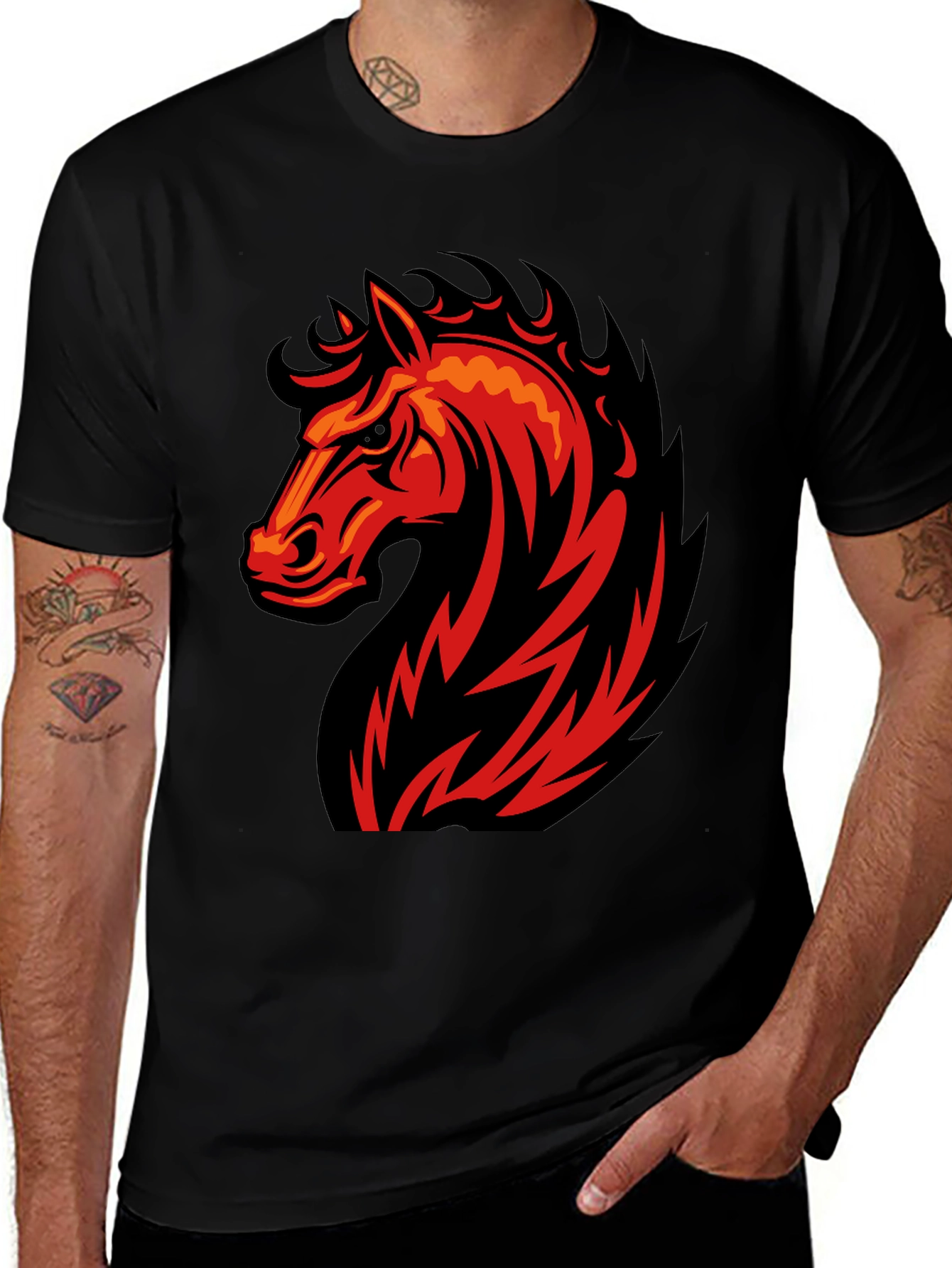 Black T-Shirt with Fiery Horse Graphic