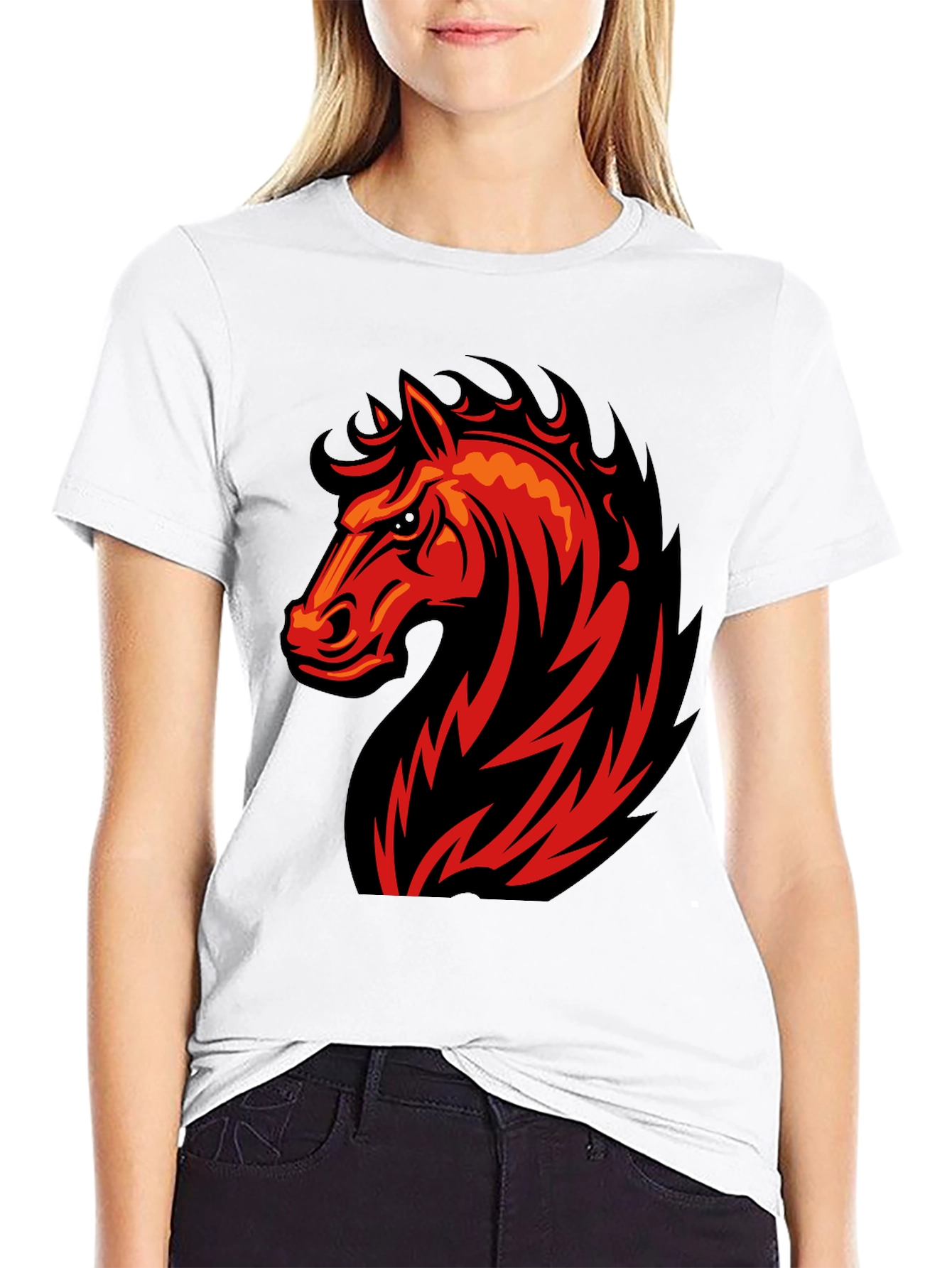 Black T-Shirt with Fiery Horse Graphic