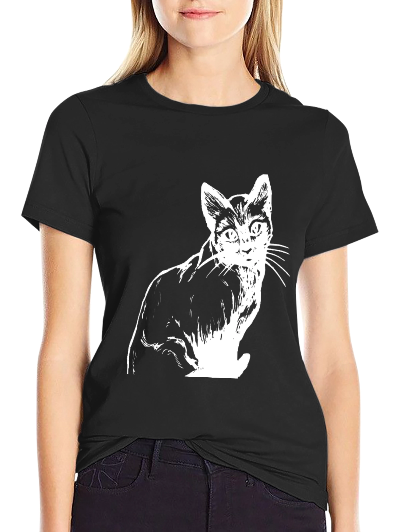 Cat Graphic Tee - Black Cotton T-Shirt