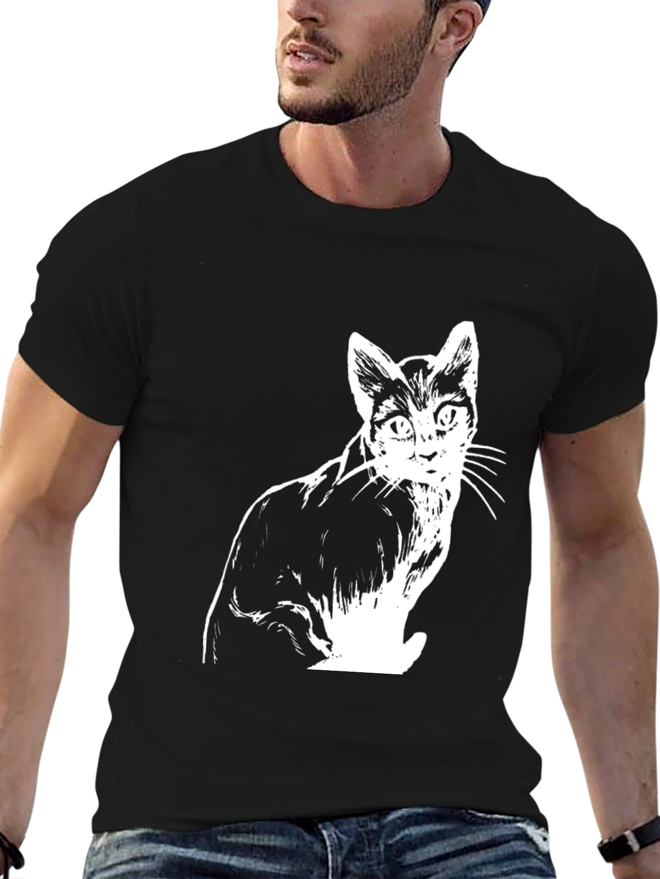 Cat Graphic Tee - Black Cotton T-Shirt