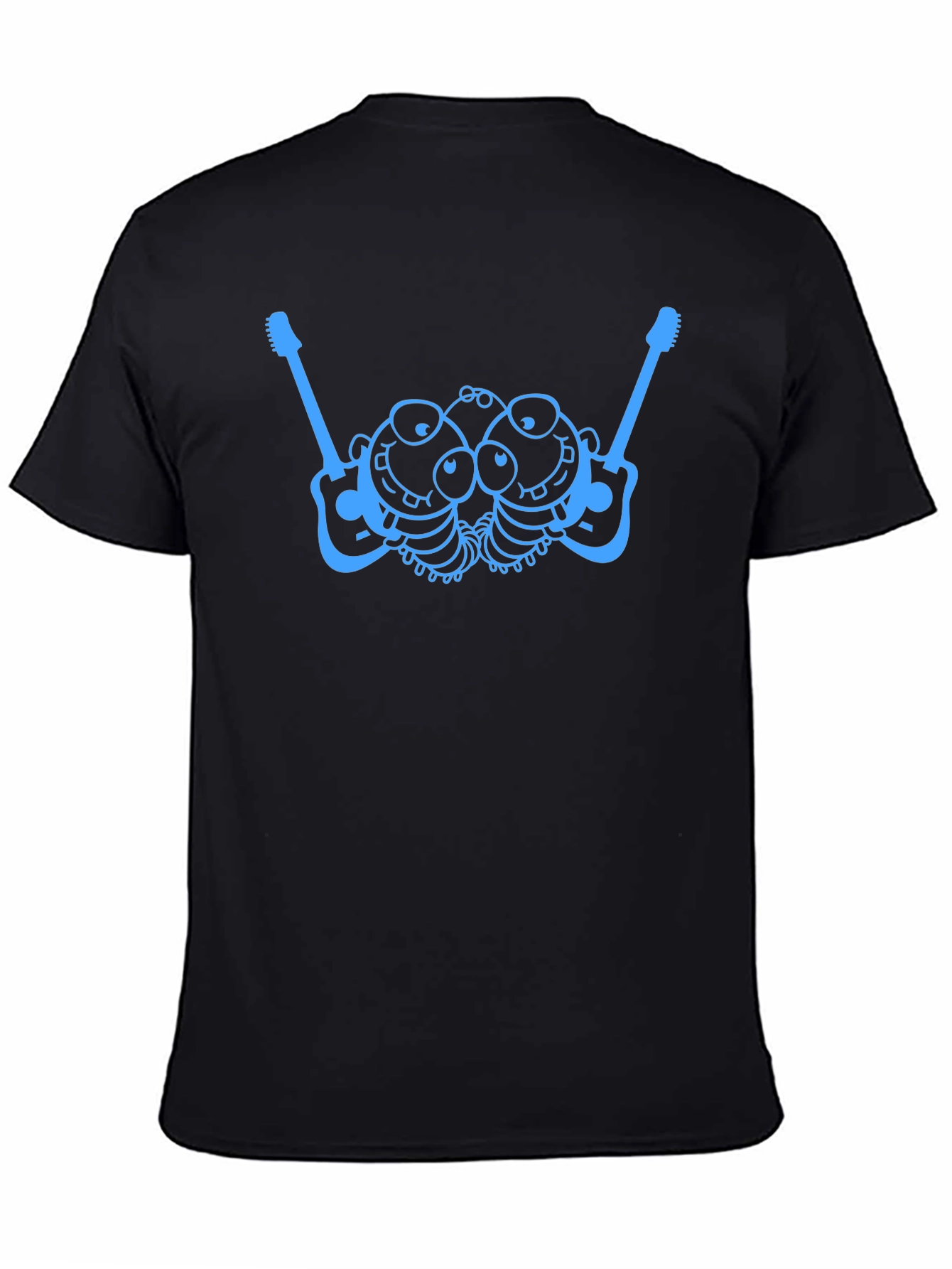 Blue Cartoon Guitar Creature Graphic Black T-Shirt