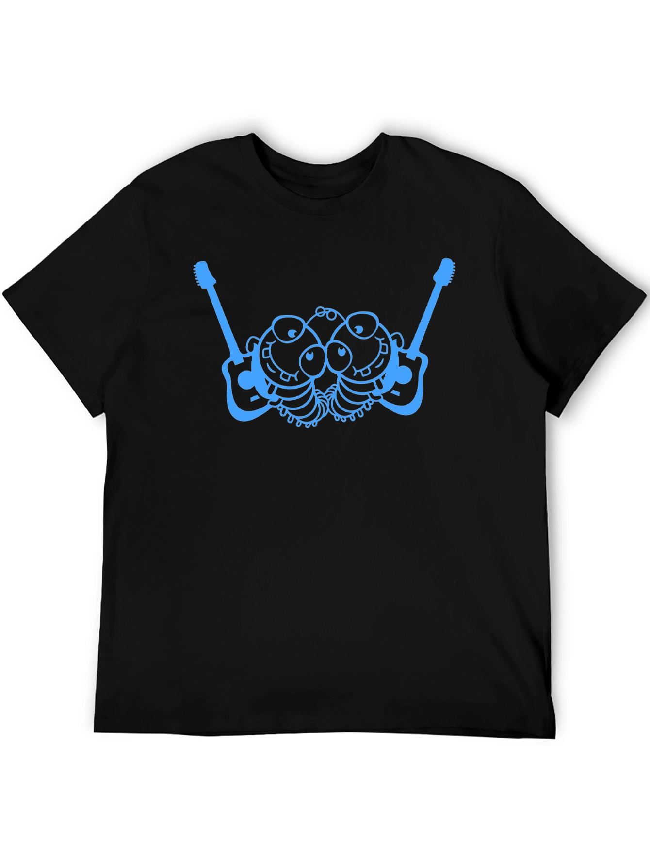 Blue Cartoon Guitar Creature Graphic Black T-Shirt