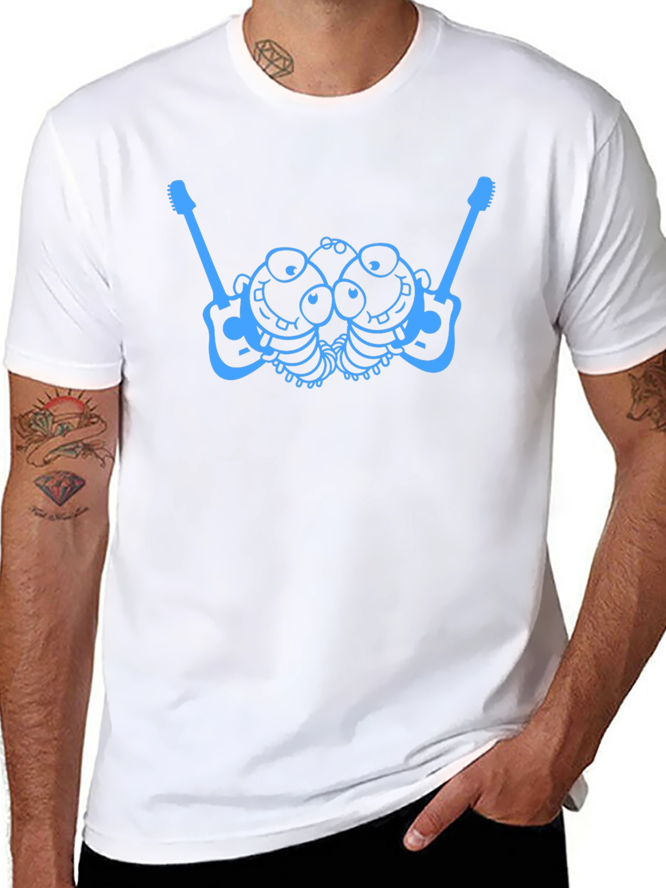 Blue Cartoon Guitar Creature Graphic Black T-Shirt