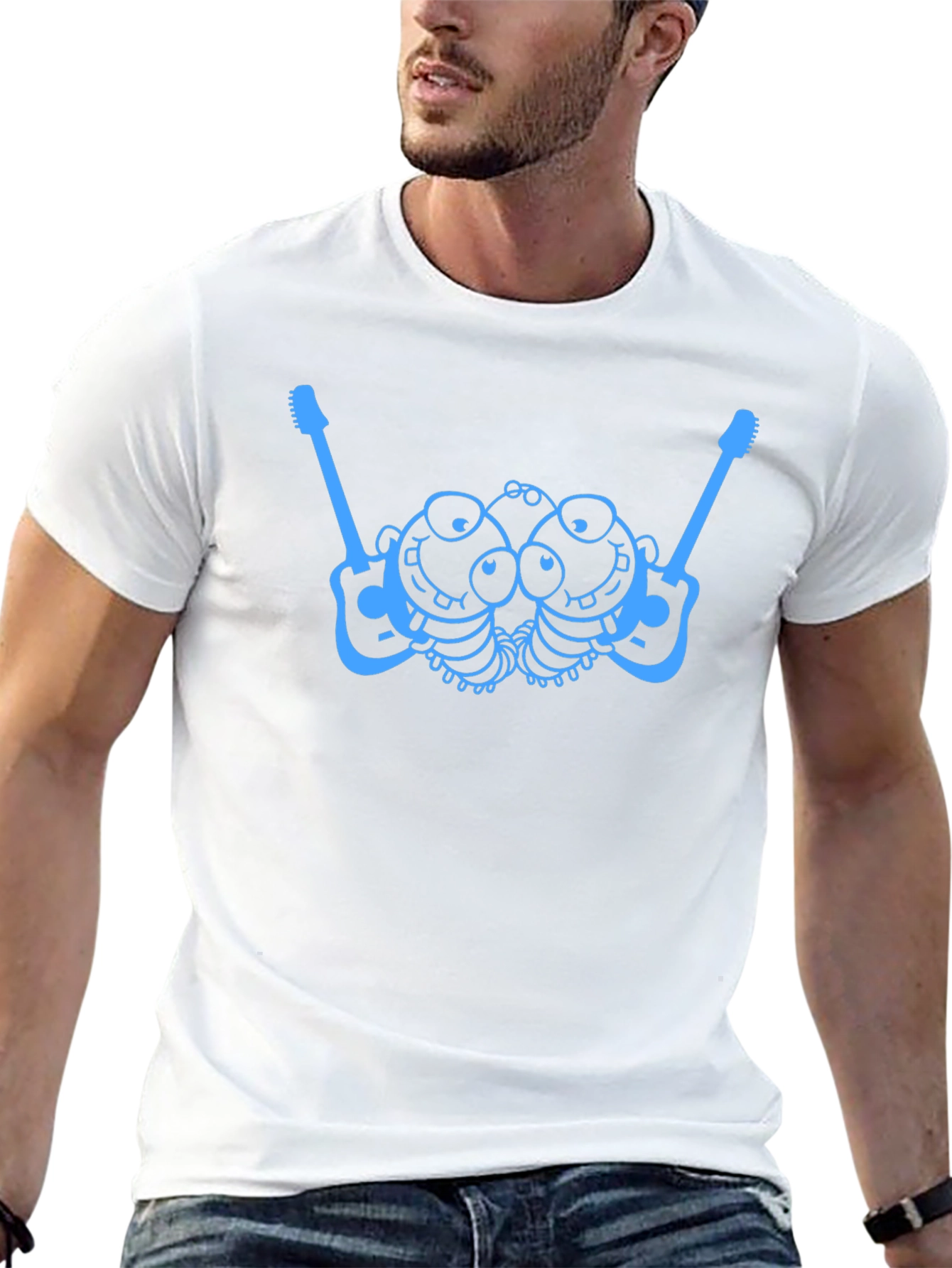 Blue Cartoon Guitar Creature Graphic Black T-Shirt