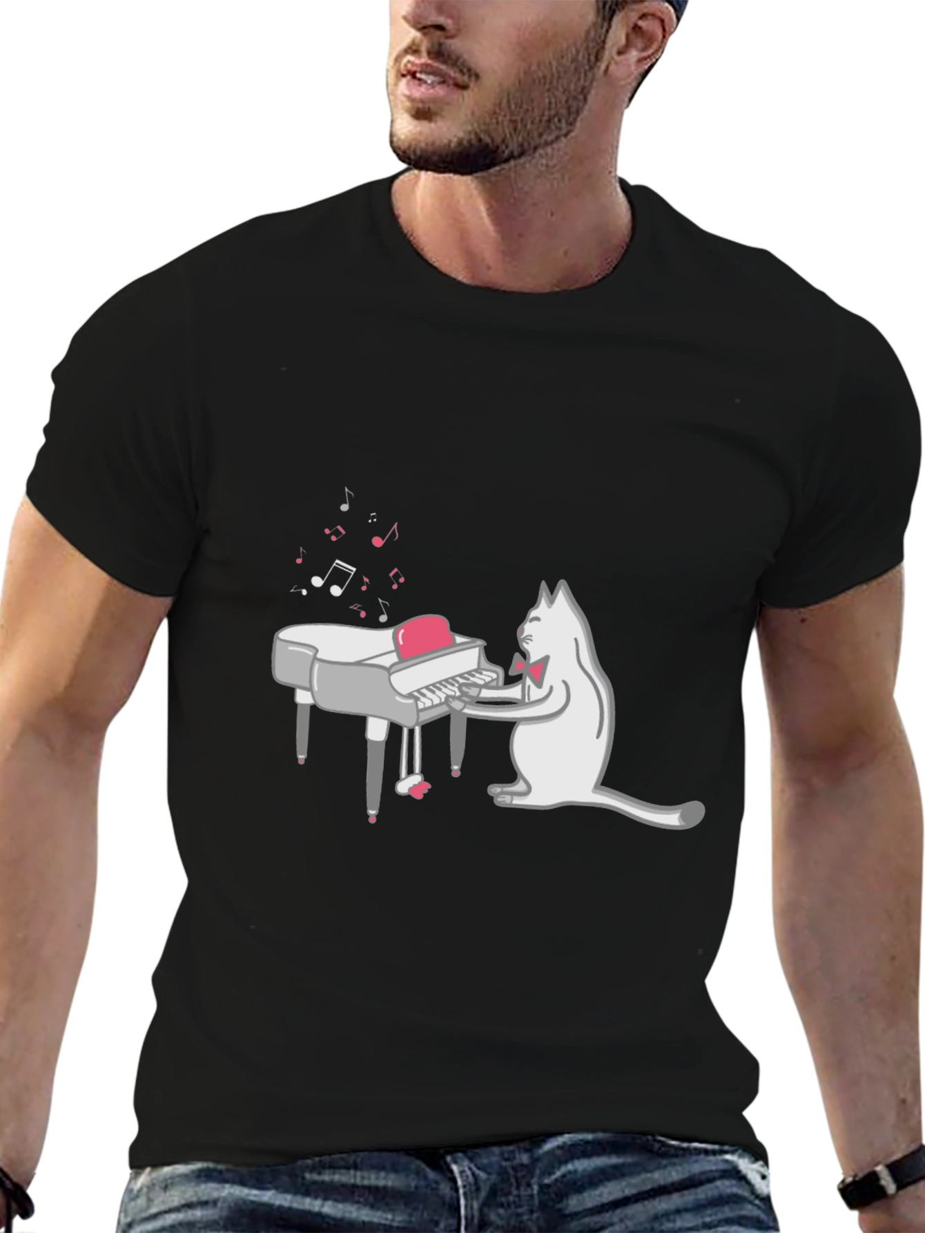 Cool Cat Piano Player Graphic T-Shirt