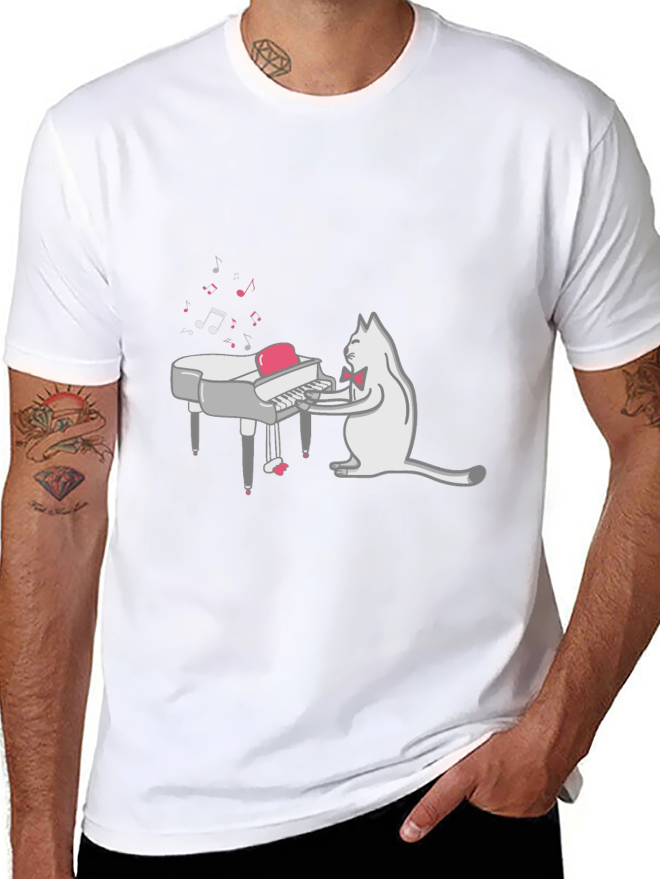 Cool Cat Piano Player Graphic T-Shirt