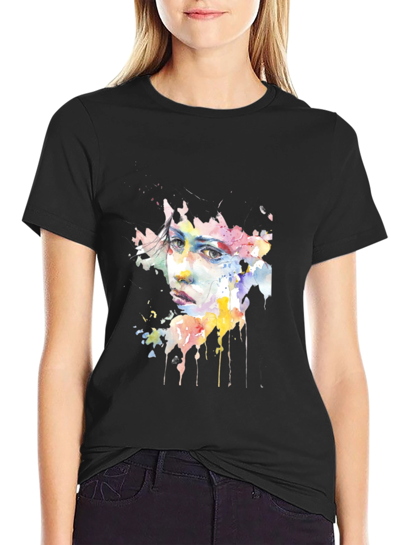Watercolor Face Black Tee