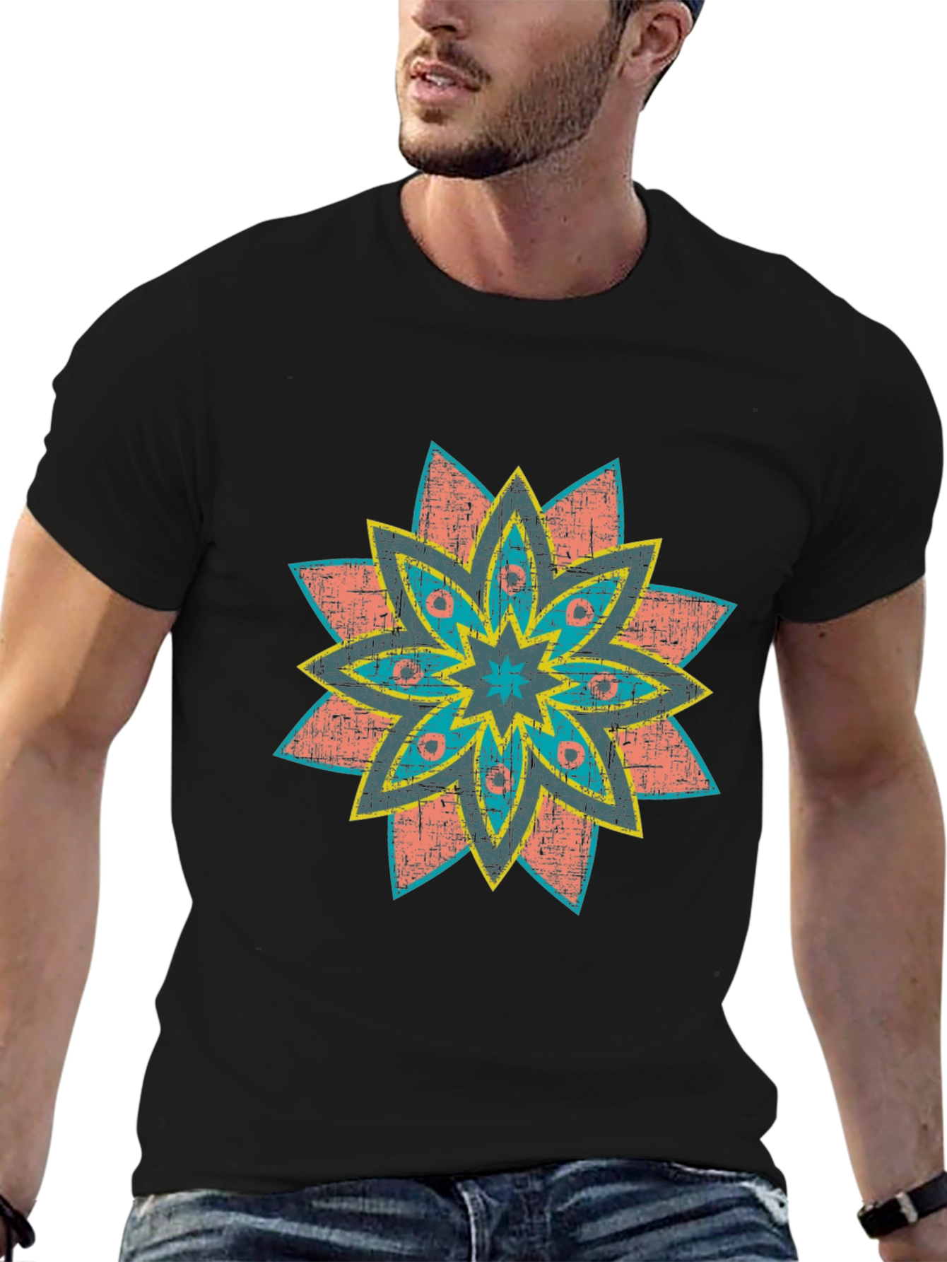 Retro Floral Print Black T-Shirt