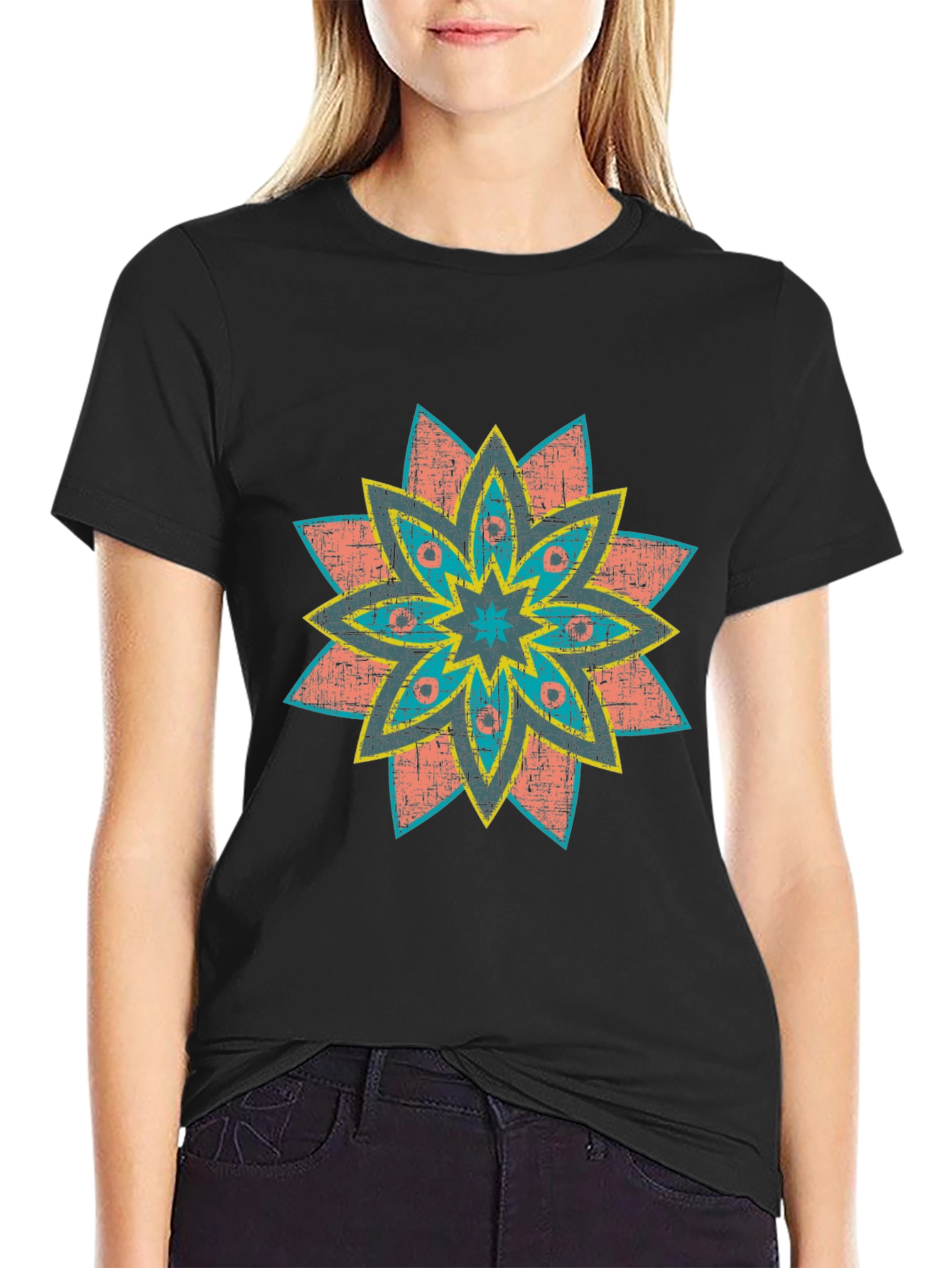 Retro Floral Print Black T-Shirt