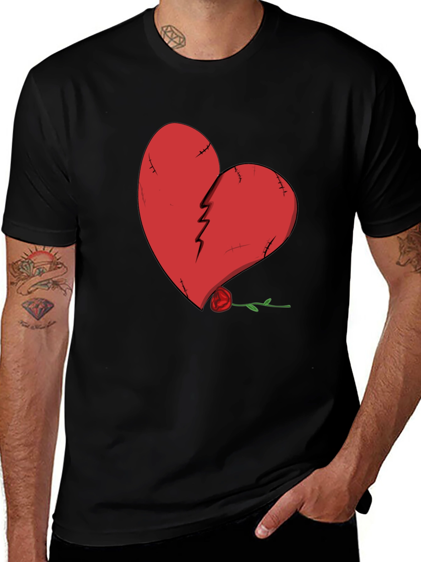 Broken Heart Rose Graphic Tee - Black Cotton