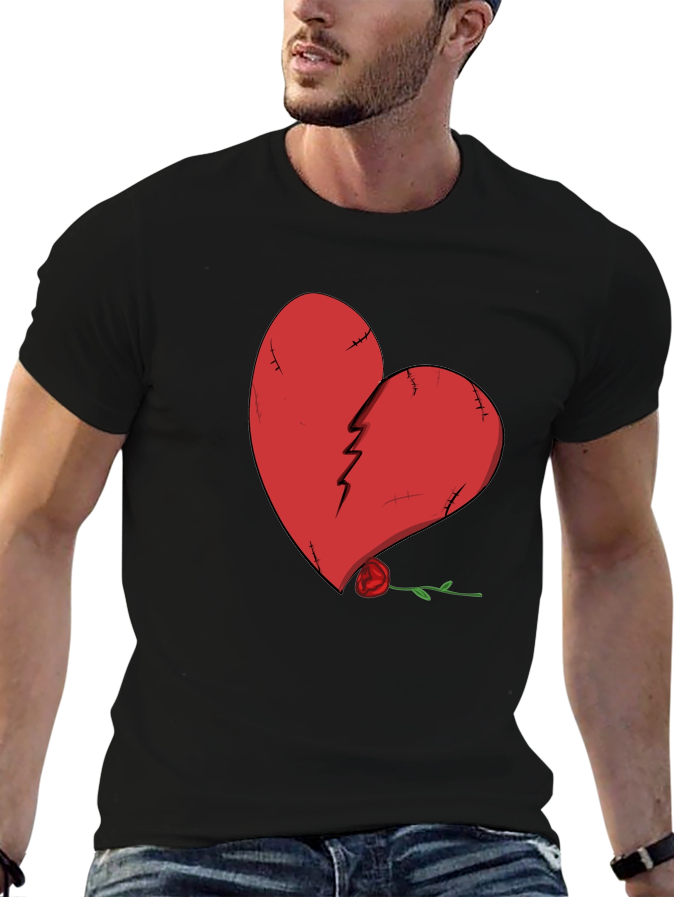 Broken Heart Rose Graphic Tee - Black Cotton