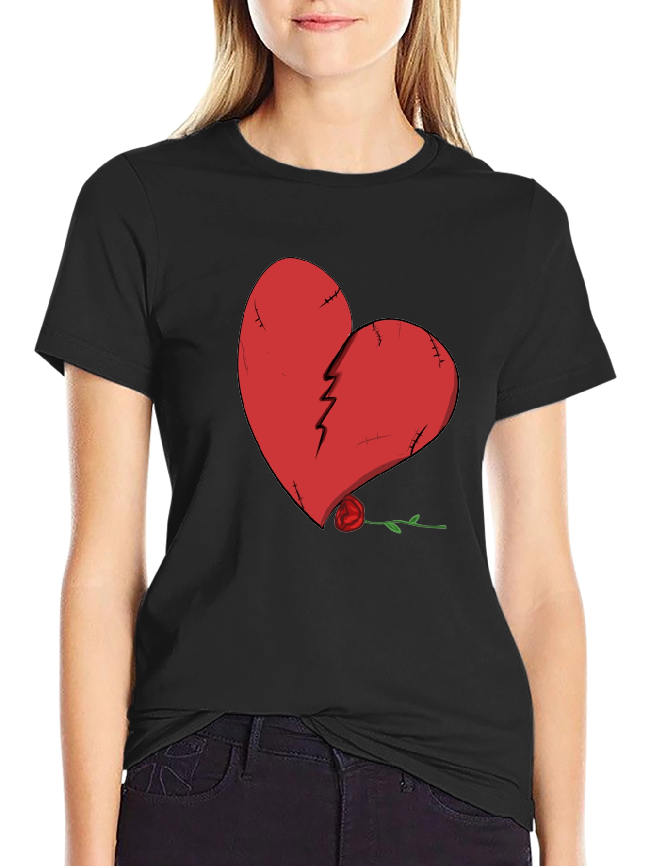 Broken Heart Rose Graphic Tee - Black Cotton