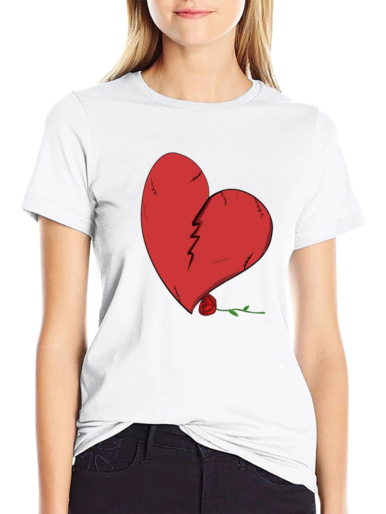 Broken Heart Rose Graphic Tee - Black Cotton