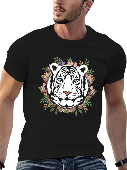 Floral White Tiger Graphic Tee - Mens Black T-Shirt