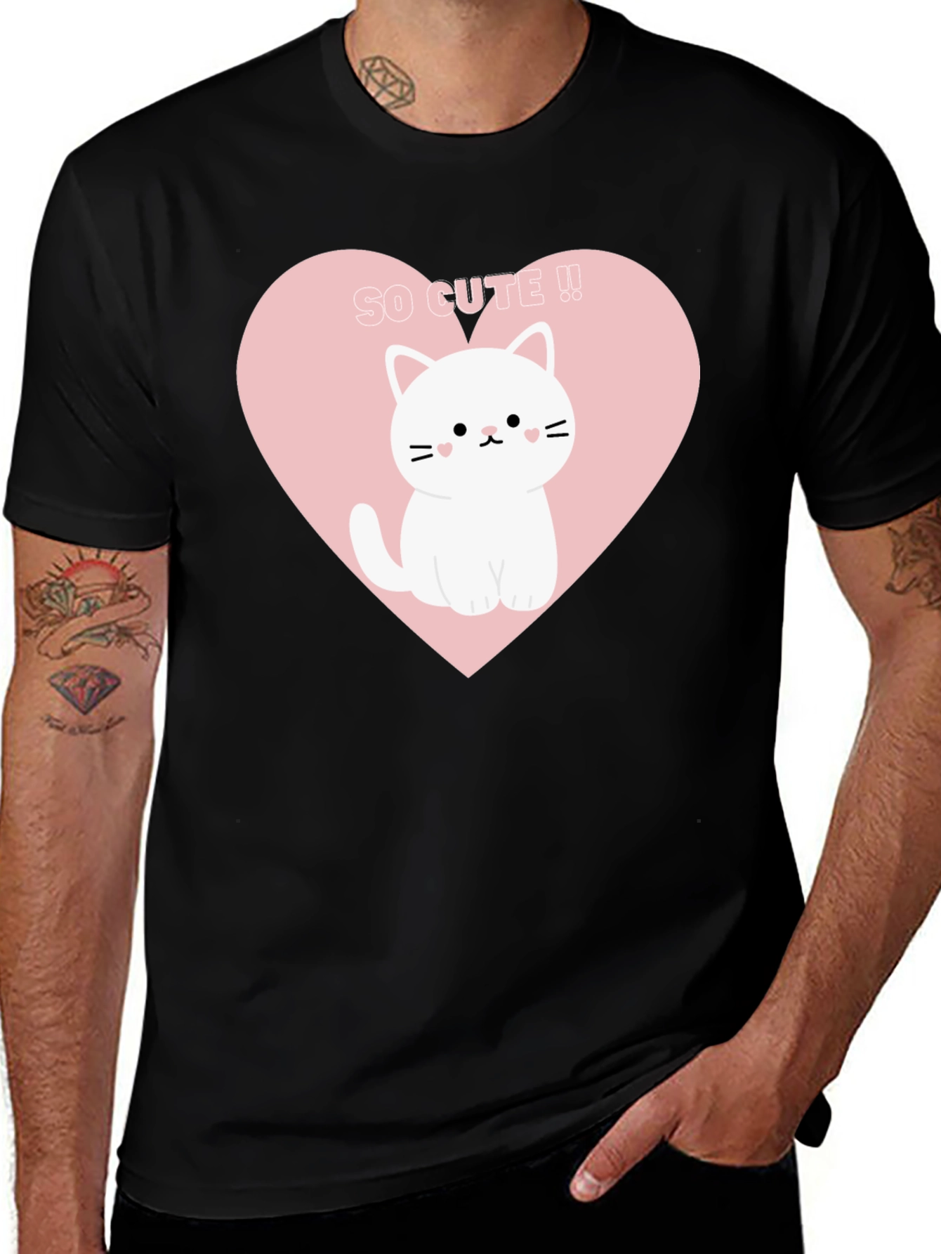 Cute Cat Heart Graphic Tee - Black T-Shirt