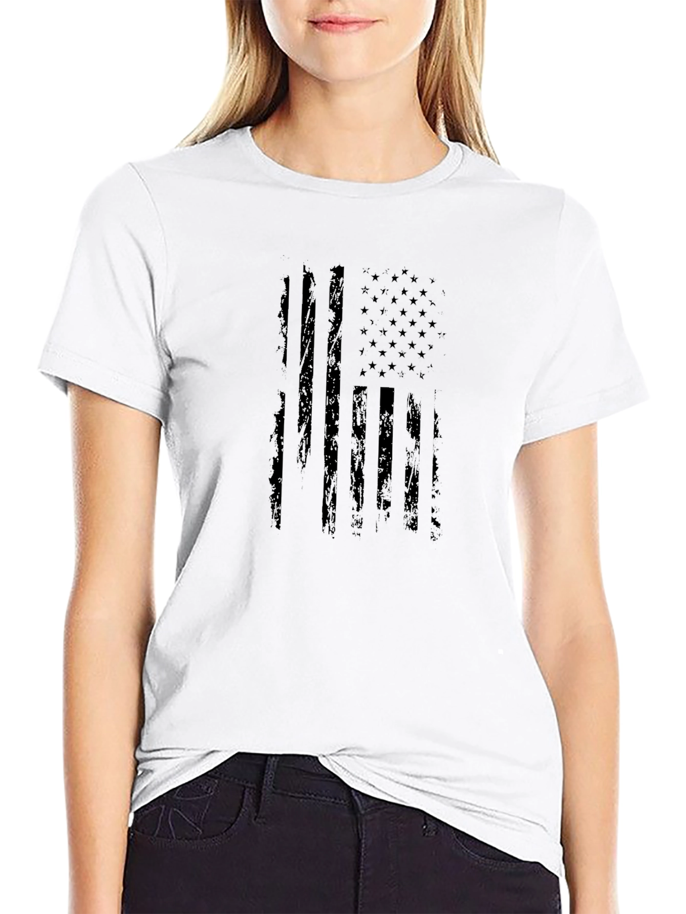 Distressed American Flag Graphic Tee - Black