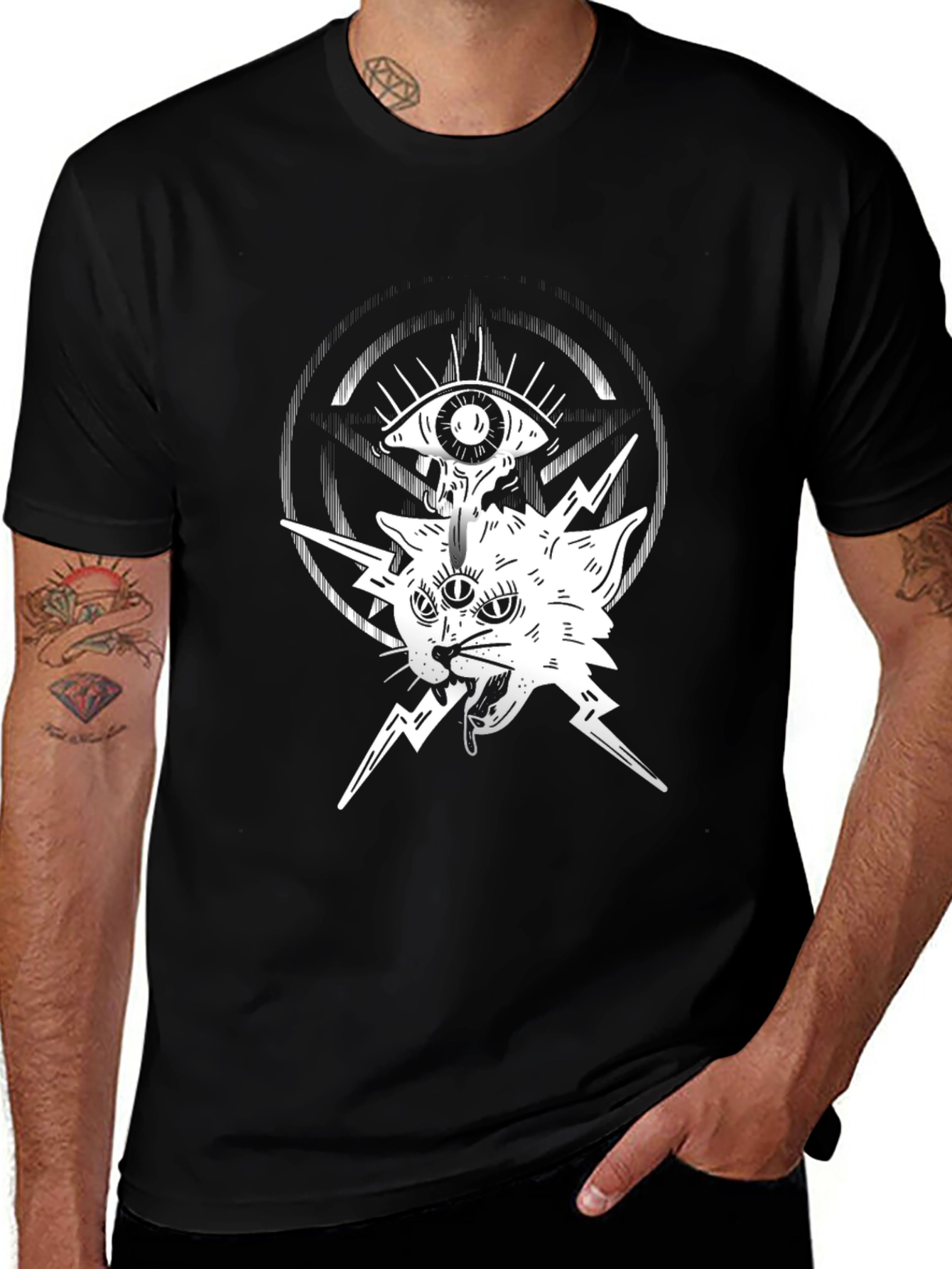 Mystic Cat Graphic Tee - Black Cotton T-Shirt
