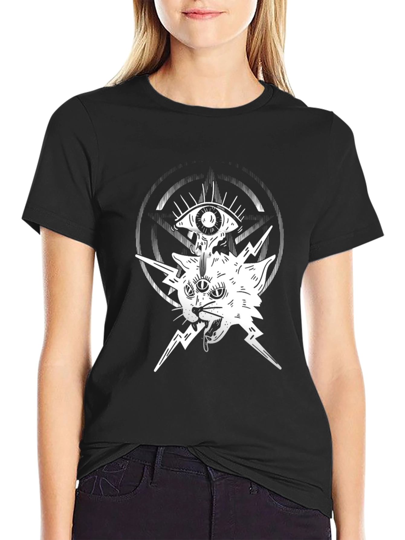 Mystic Cat Graphic Tee - Black Cotton T-Shirt