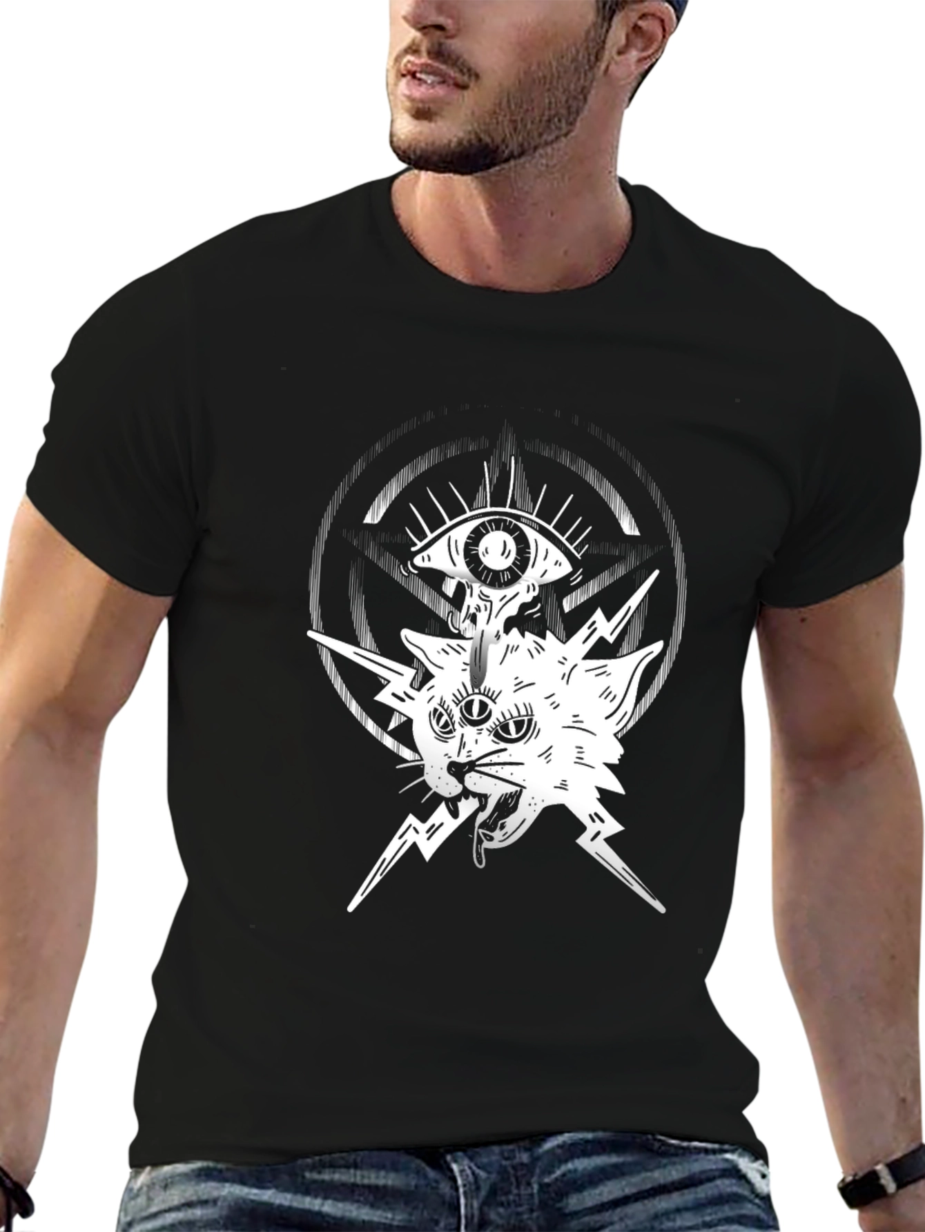 Mystic Cat Graphic Tee - Black Cotton T-Shirt