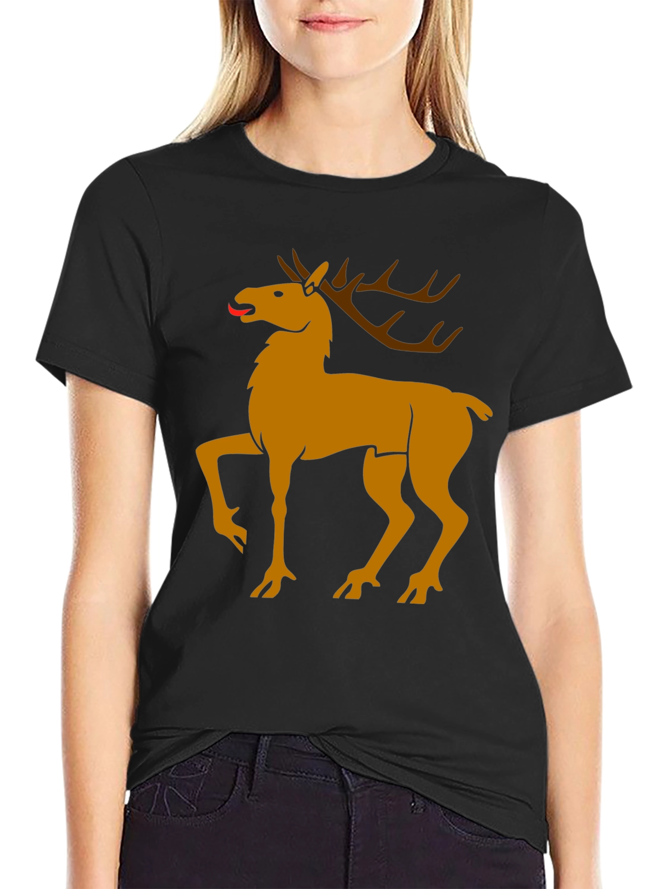 Black Tee with Golden Deer Graphic