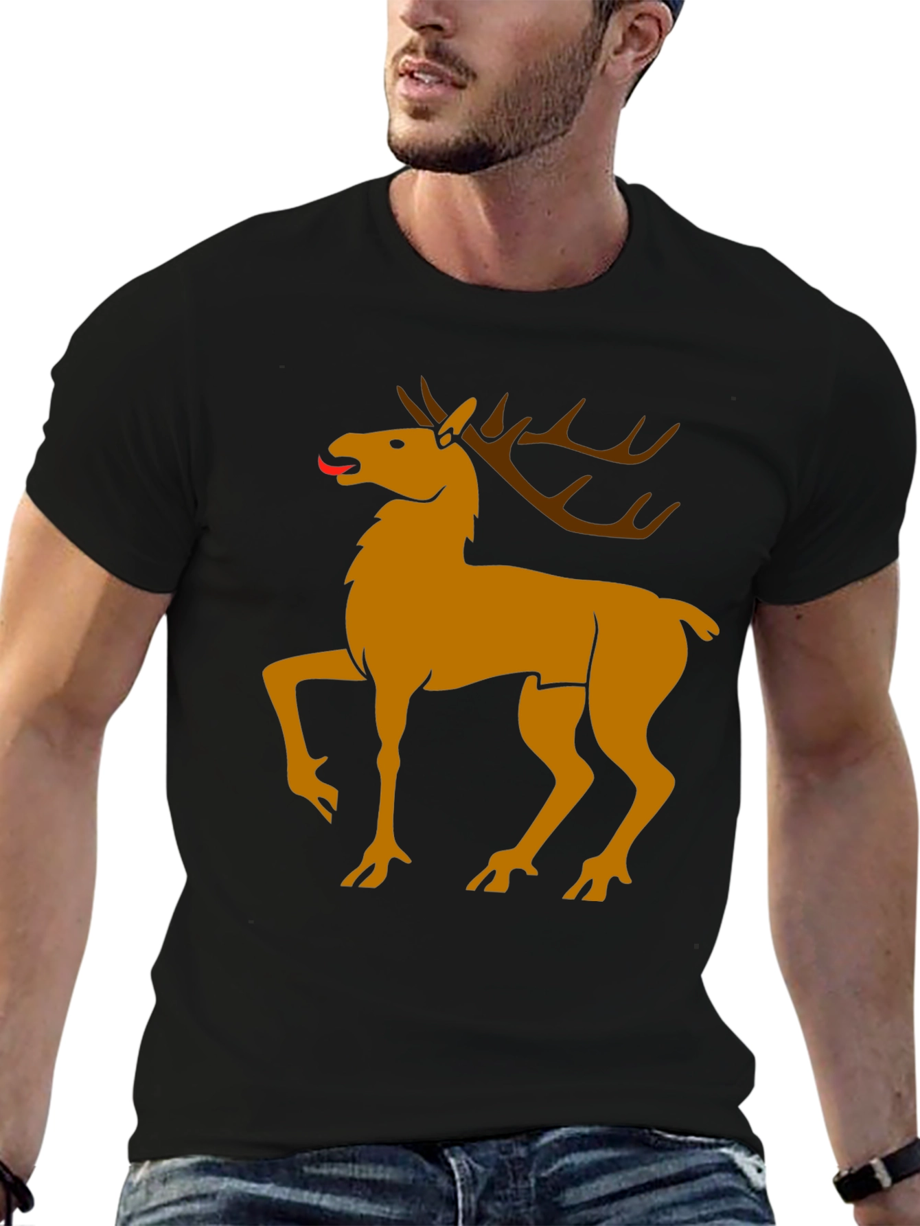 Black Tee with Golden Deer Graphic