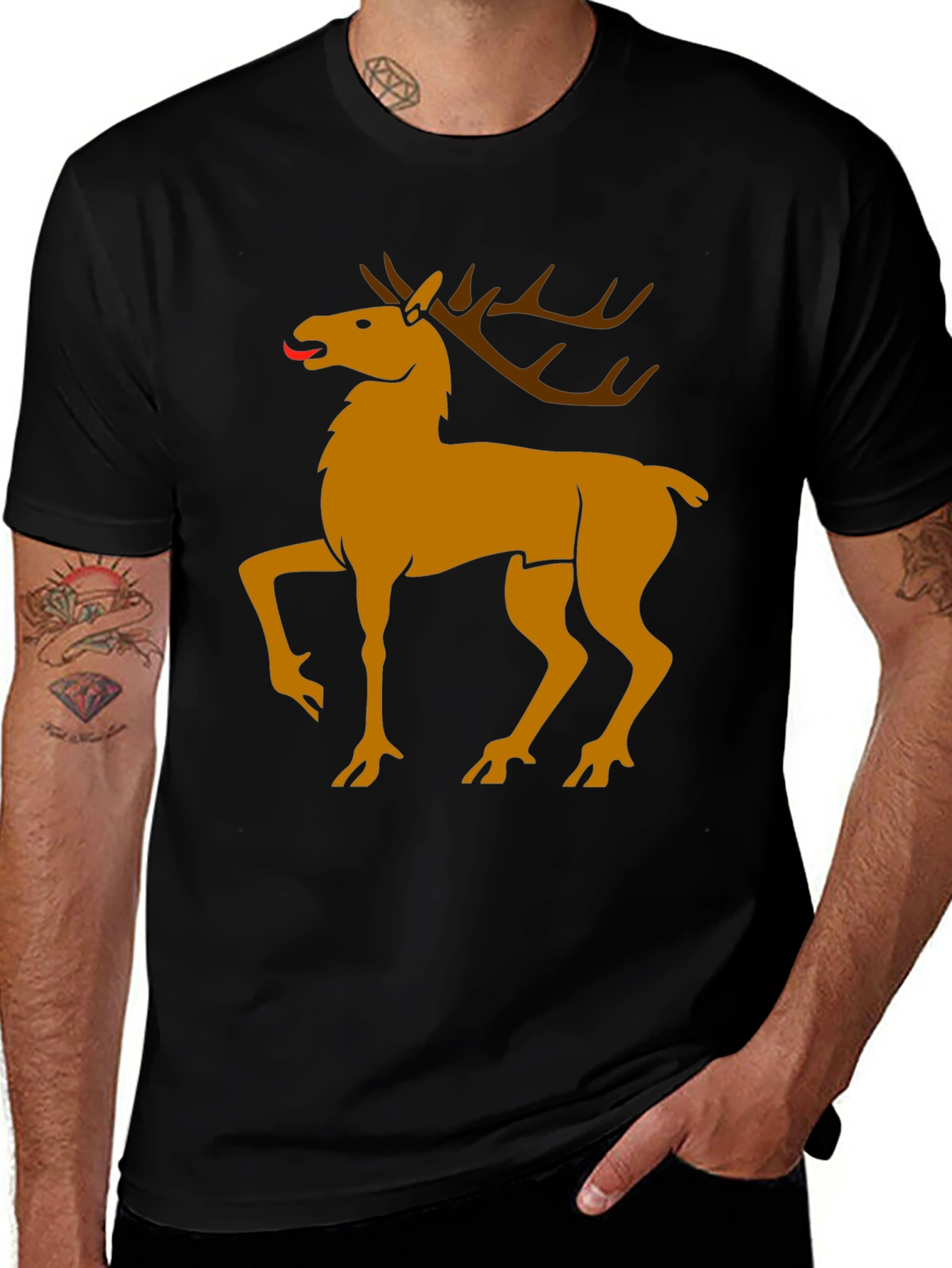 Black Tee with Golden Deer Graphic