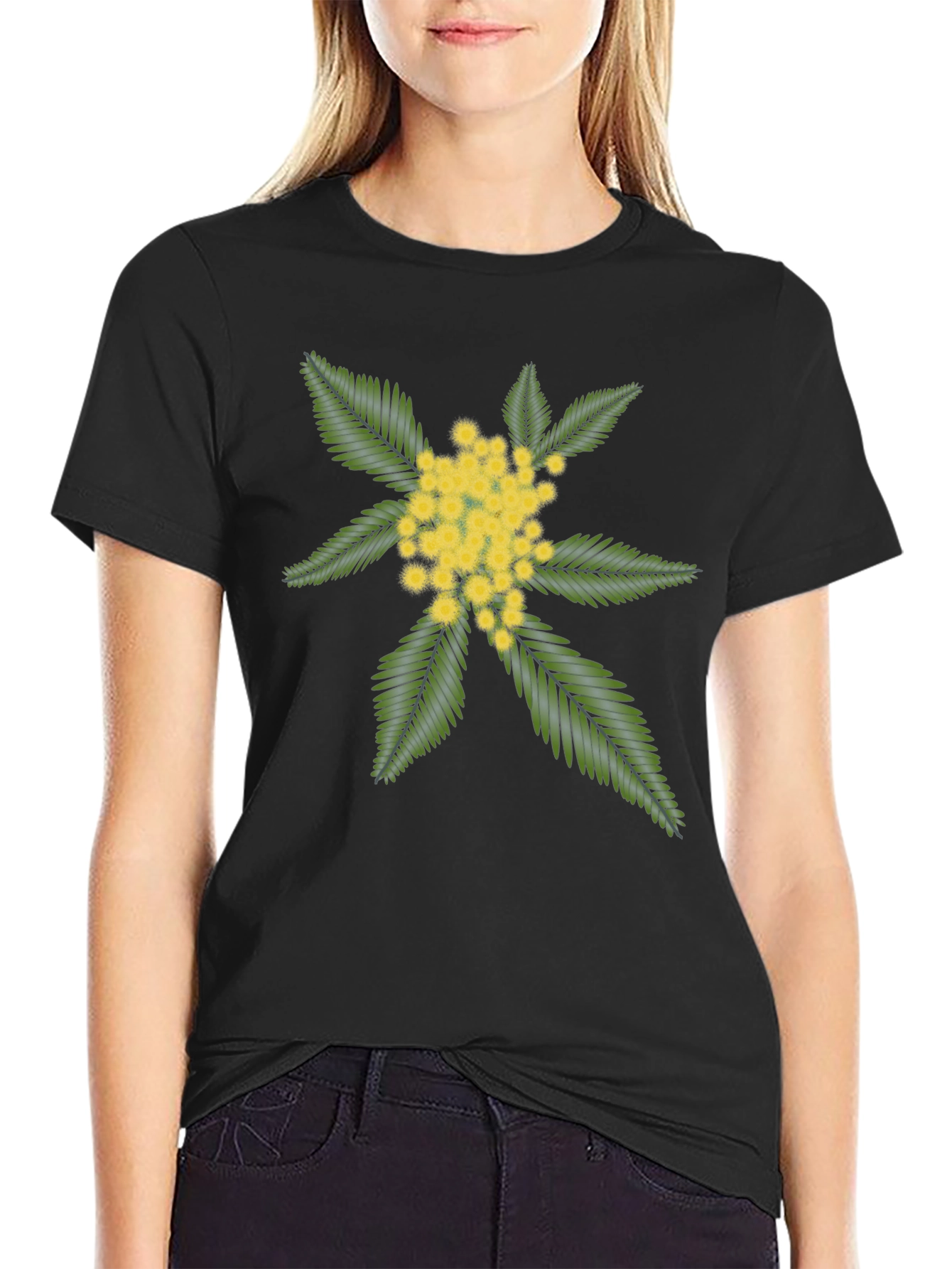 Black Tee with Embroidered Floral Design