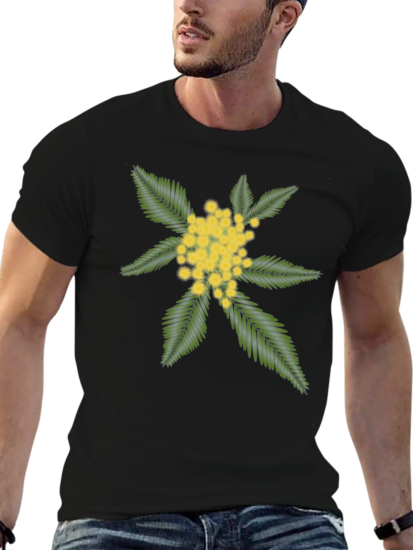 Black Tee with Embroidered Floral Design
