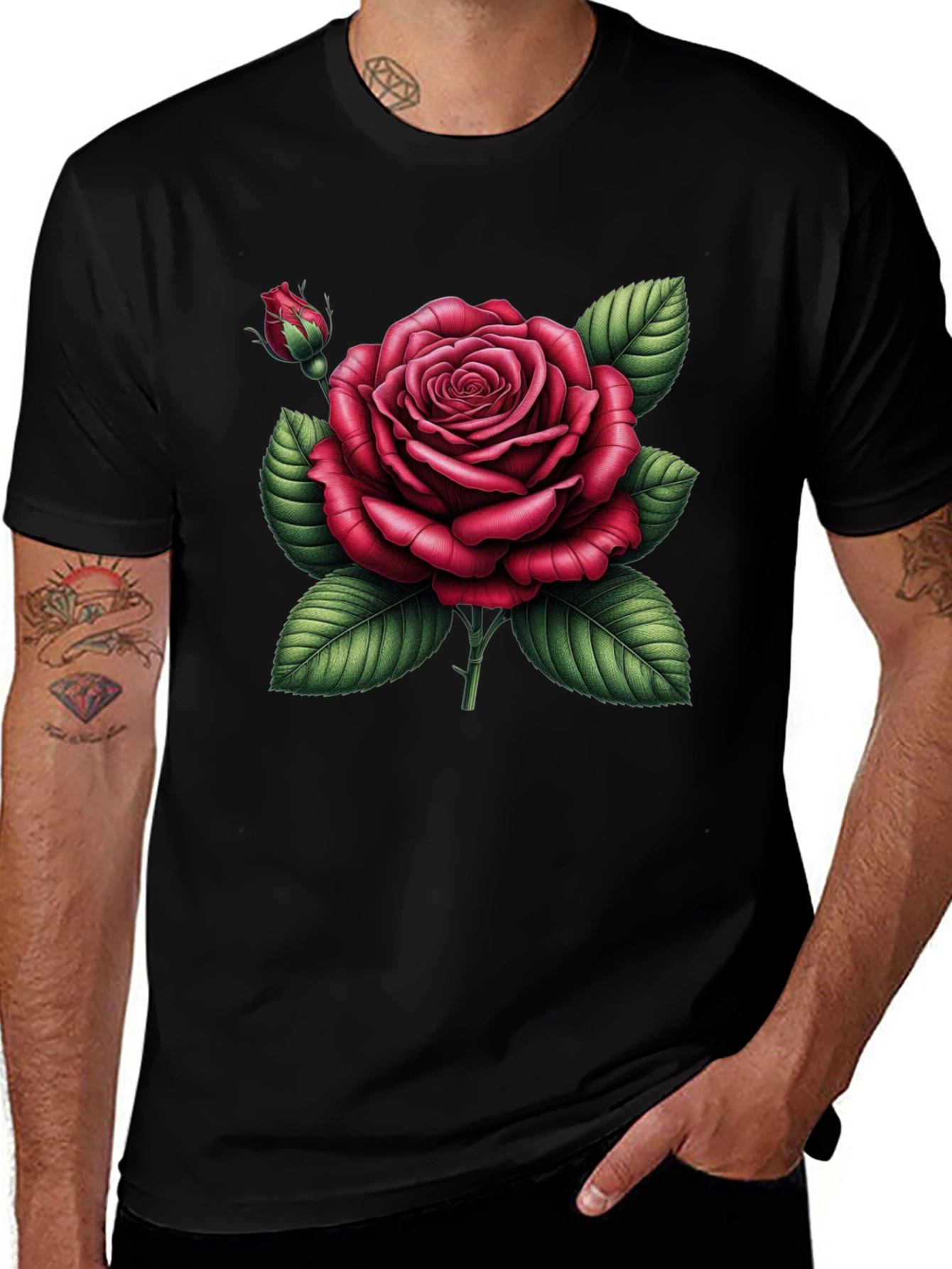 Black T-Shirt with Detailed Red Rose Graphic