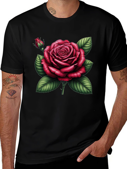 Black T-Shirt with Detailed Red Rose Graphic
