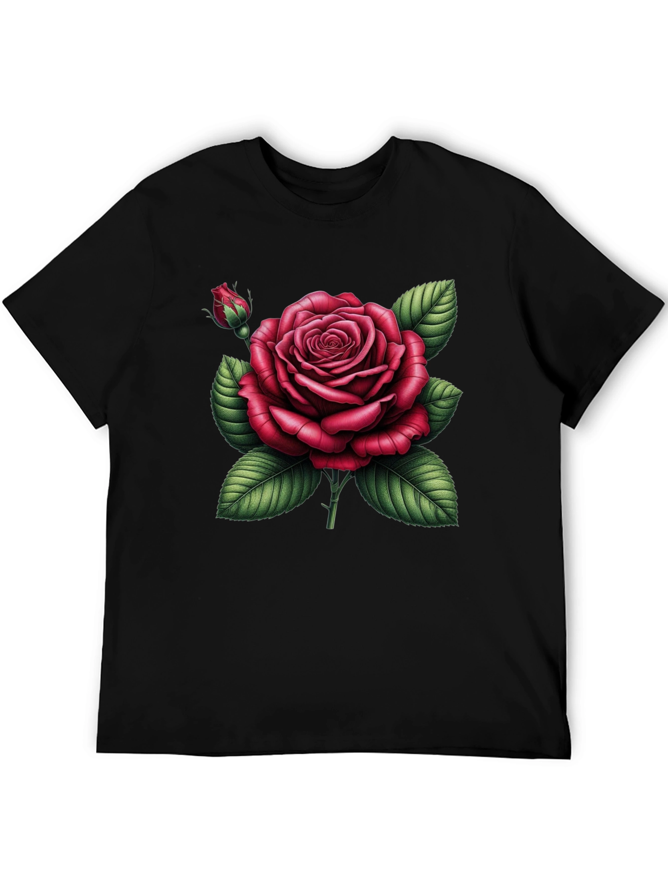 Black T-Shirt with Detailed Red Rose Graphic