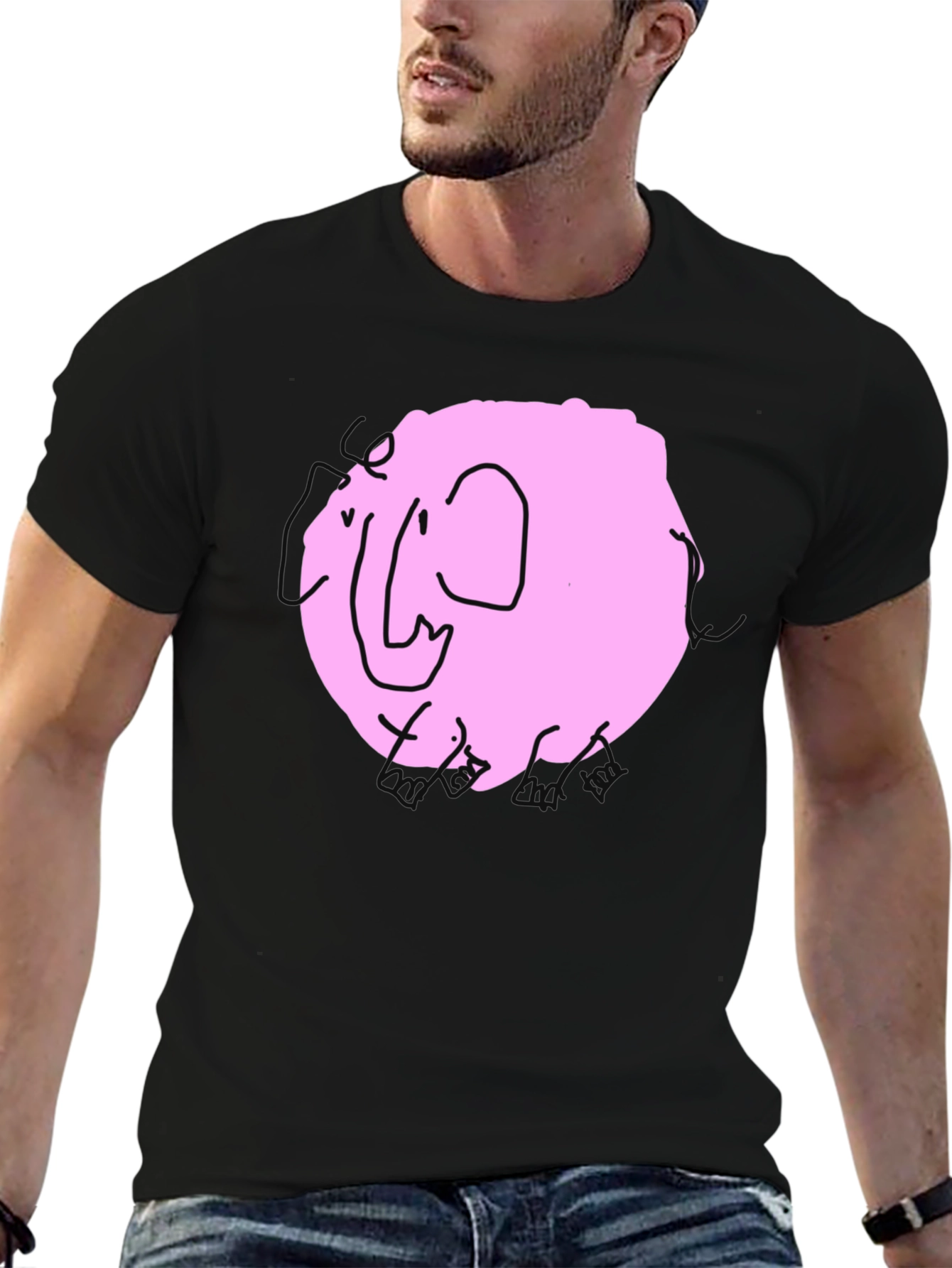 Pink Elephant Graphic Tee - Black Cotton Casual Shirt