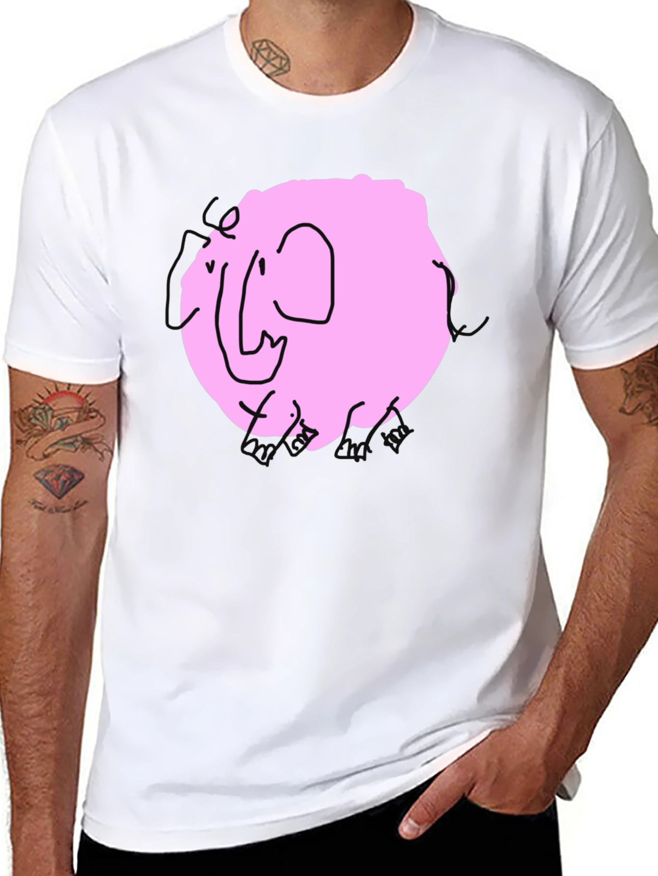Pink Elephant Graphic Tee - Black Cotton Casual Shirt