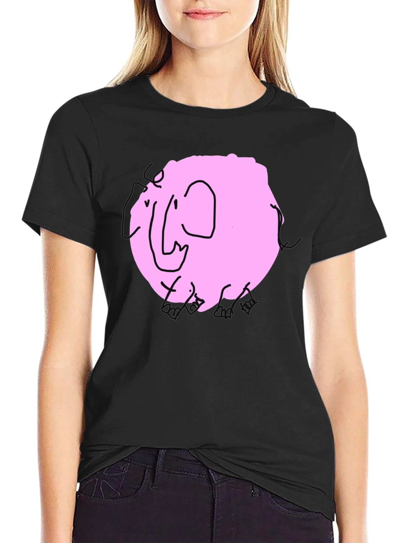 Pink Elephant Graphic Tee - Black Cotton Casual Shirt